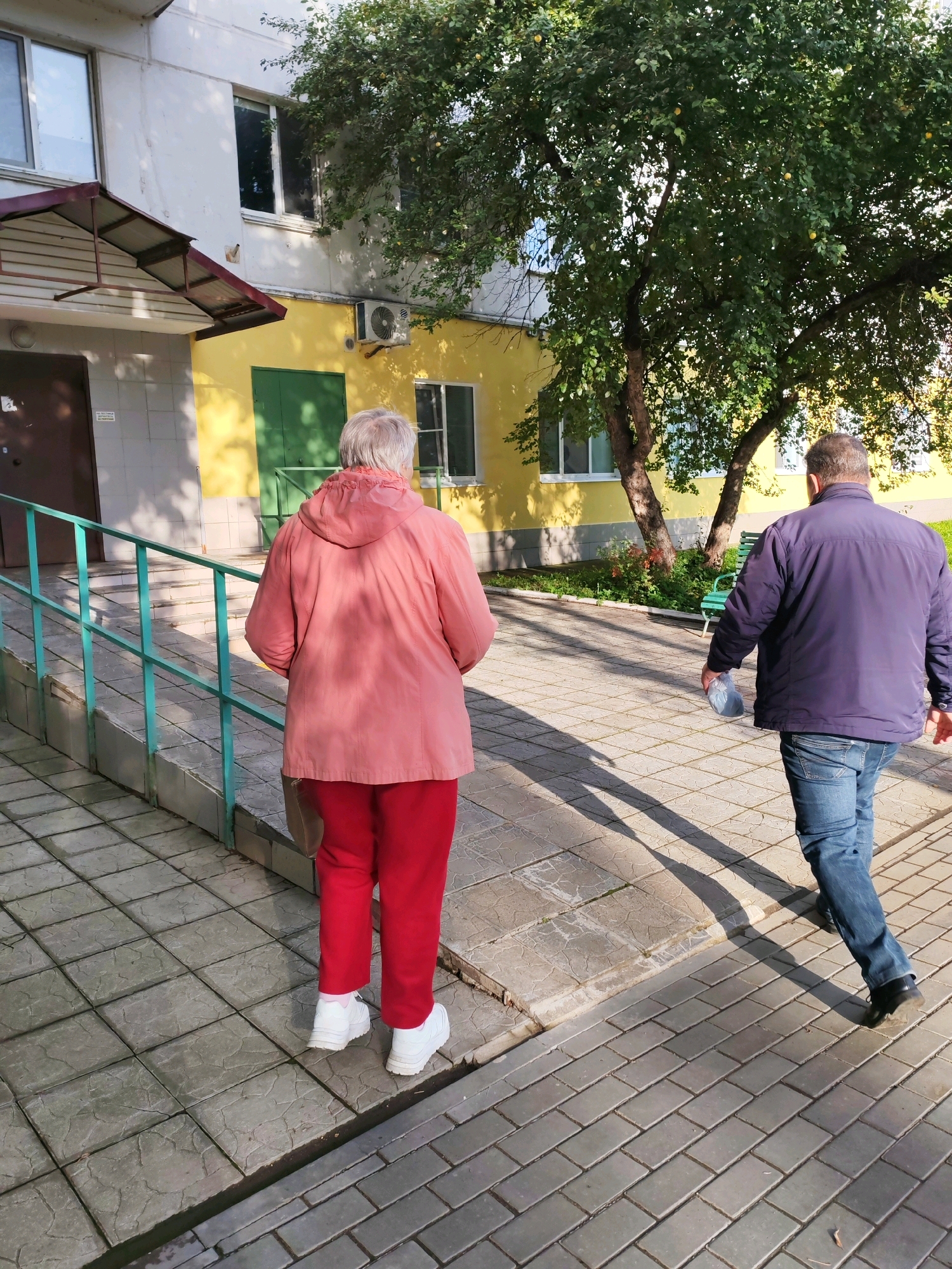 Two individuals, an older woman and a man, are walking away from the camera on a tiled sidewalk in front of a building. The woman is wearing a pink hooded jacket and red pants, and white sneakers. She has a brown purse slung over her shoulder. The man is wearing a dark blue jacket, blue jeans, and black shoes. He is carrying a clear plastic bag in his right hand. The building behind them is painted yellow and has white trim around the windows. There is a ramp leading up to an entrance on the left side of the building, with a turquoise railing. A large tree with green leaves and some yellow fruit is growing to the right of the building. The scene appears to be a residential area in Chaikovsky, Russia, given the architectural style and vegetation.
