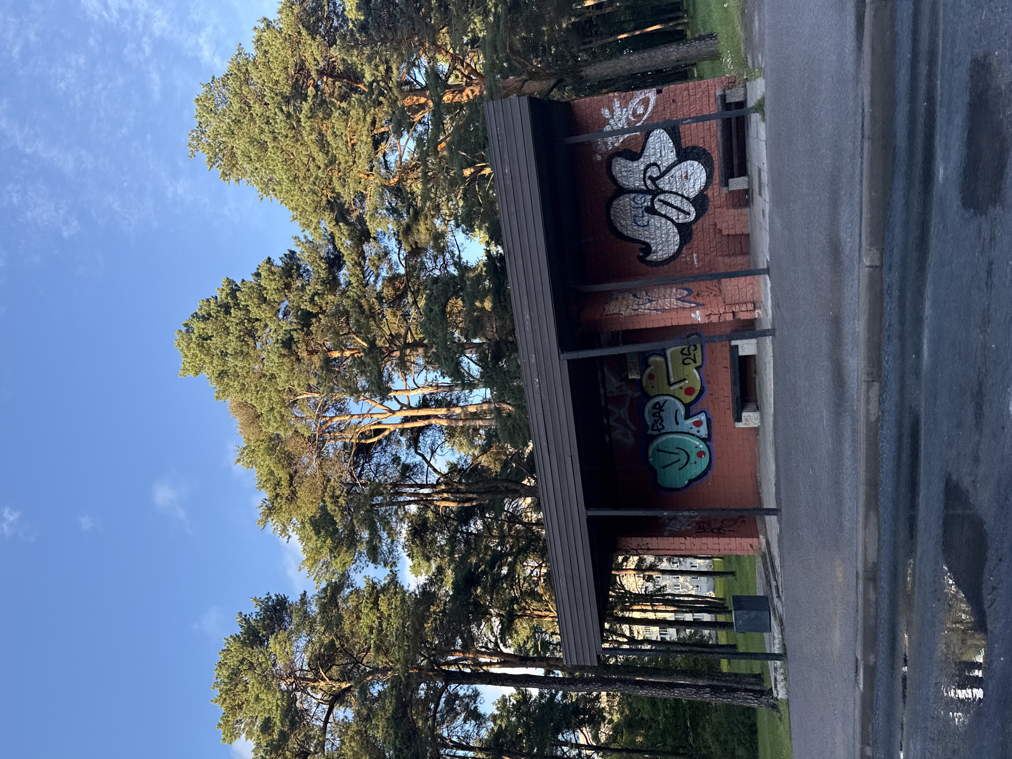 The image shows a bus stop with graffiti on the brick wall. Tall pine trees surround the bus stop, and a building can be seen in the background. The sky is blue with some white clouds. The ground in front of the bus stop is paved, and there are puddles of water on the road, suggesting it may have recently rained. The bus stop is located in Tallinn, Estonia.