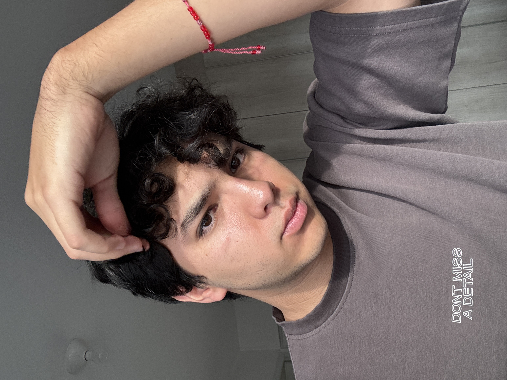 A young man is posing indoors. He has dark, curly hair and is wearing a gray t-shirt with the text "DON'T MISS A DETAIL" printed on it. His right arm is raised, with his hand touching his hair. A red and white bracelet is visible on his right wrist. The background is a plain, light gray wall. There is no evidence to suggest the location is in San Francisco Ocotlán (Ocotlán), Mexico.