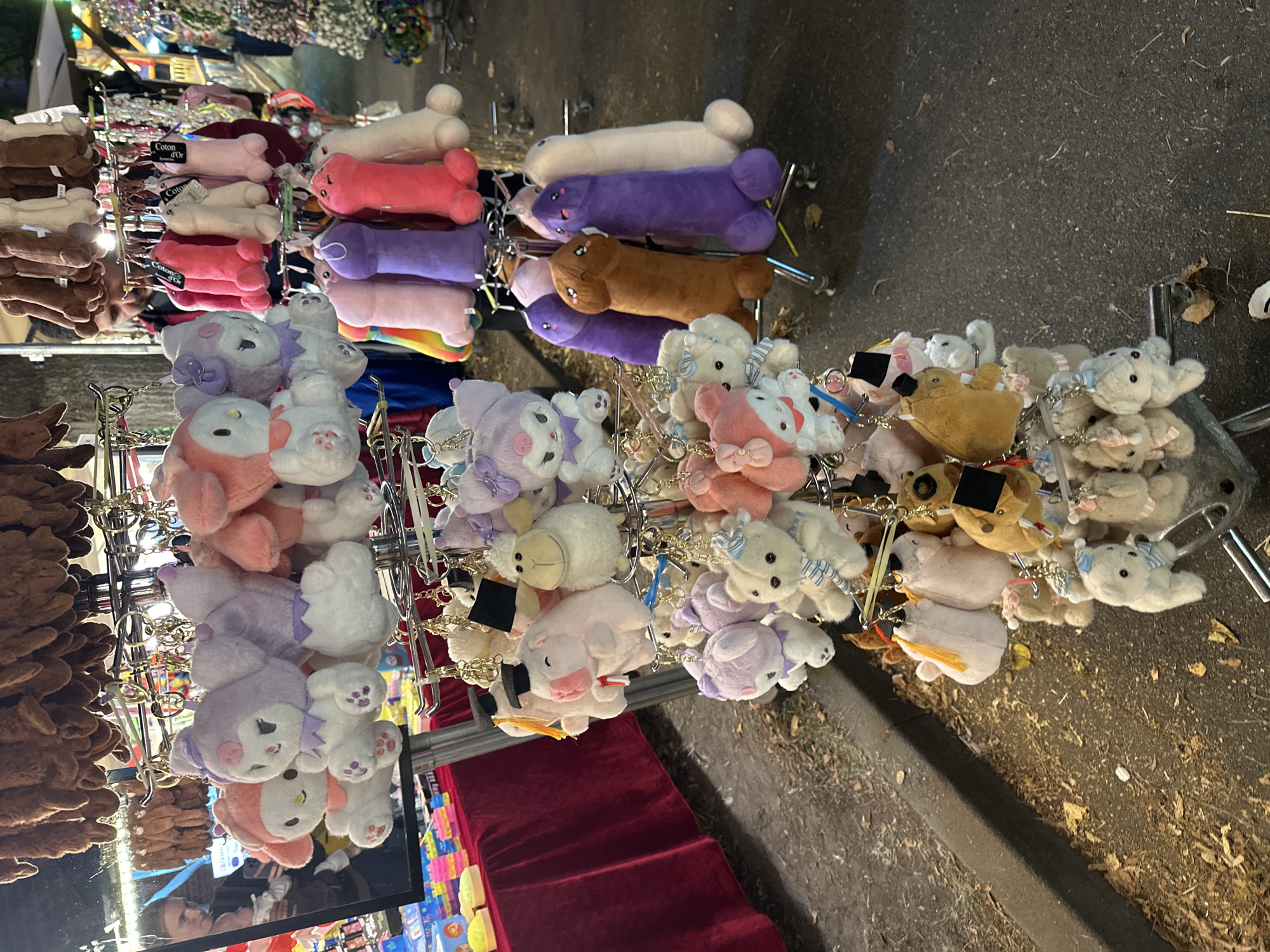 A street vendor's stall at night in Bruchhausen-Vilsen, Germany, displays a variety of novelty plush keychains. The items are organized on metal racks and include cartoon-like animal characters and phallic-shaped objects in various colors. In the background, a person is visible in the reflection of a mirror, holding a baby. The ground is paved and strewn with fallen leaves, indicating an outdoor setting. Lights from the stall and surrounding area illuminate the scene.