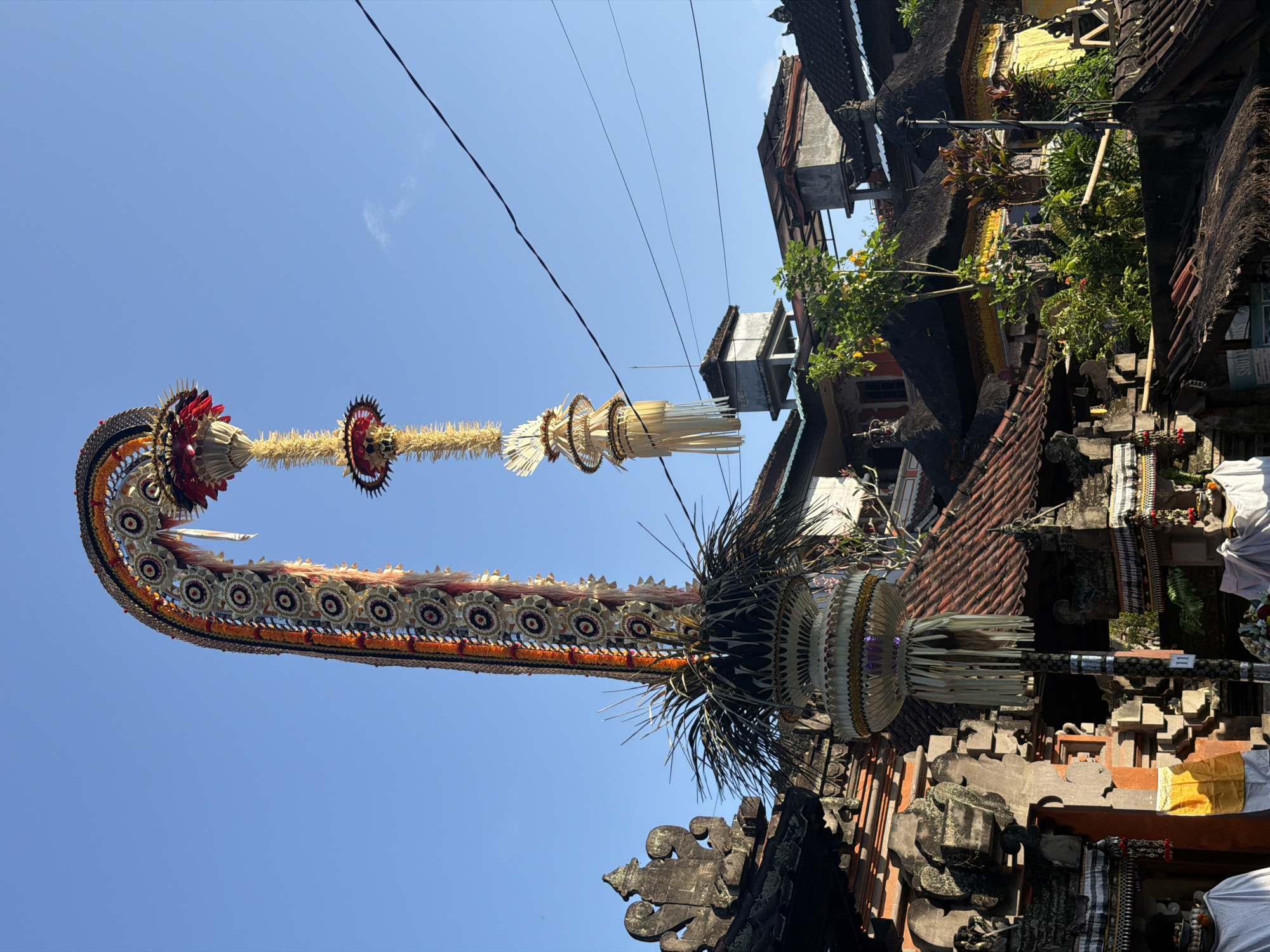 The image depicts a vibrant scene in Ubud District, Indonesia, under a clear blue sky. Dominating the foreground are two elaborate Balinese decorations, likely used for a religious ceremony or festival. The taller, arched structure is adorned with colorful beads, fabric flowers, and what appears to be woven material, curving gracefully upwards. Hanging from this structure is a long, tiered decoration made of dried palm leaves and smaller, ornate elements.
Below these decorations, traditional Balinese architecture is visible, characterized by intricately carved stone buildings with steeply pitched tiled roofs. Lush greenery, including trees and various plants, peeks out from between the buildings, adding to the tropical atmosphere. Power lines are visible crisscrossing the sky in the background, a common element in urban and semi-urban Indonesian landscapes. There are no people clearly visible in the image. The scene suggests a cultural event or a preparation for one, highlighting the rich artistic and spiritual traditions of Bali.