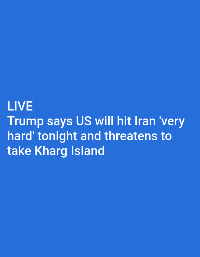 The image shows a blue background with white text. The text reads: "LIVE Trump says US will hit Iran 'very hard' tonight and threatens to take Kharg Island". There are no people, subjects, or objects visible in the image, and no city of Lhokseumawe, Indonesia is mentioned or depicted.