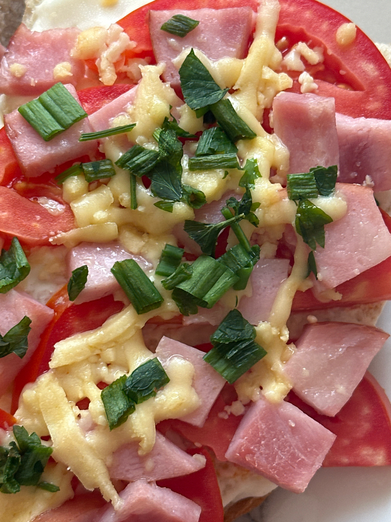 This is a close-up, top-down shot of a dish topped with sliced tomatoes, diced ham, melted cheese, and chopped green onions. The food is presented on a white surface, possibly a plate. There is no discernible background or environmental context to suggest a specific location in Gyumri, Armenia. The focus is entirely on the texture and colors of the food ingredients.