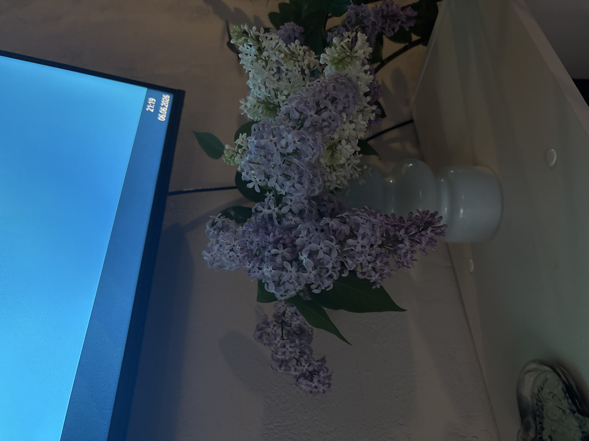 This image depicts an indoor scene in Zheleznogorsk, Russia, primarily featuring a floral arrangement and a display screen. In the central mid-ground, a white, multi-lobed vase holds a bouquet of lilac flowers, consisting of both light purple and white florets with accompanying green foliage. The vase rests on a light-colored, flat surface, likely a table or shelf. Above and to the left of the flowers, a portion of a large electronic display screen is visible, exhibiting a uniform bright blue background. In the bottom-right corner of the screen, white digital text reads "21:19" on the upper line and "06.06.2026" on the lower line, indicating time and date. The screen's bezel is dark. The wall behind the floral arrangement is light-colored and appears to have a subtle texture, with shadows from the flowers cast upon it. In the lower-left corner of the foreground, a segment of a heart-shaped, reflective dish or tray is visible. The scene is dimly lit, with the screen providing a significant light source from above. No individuals are present in the image.