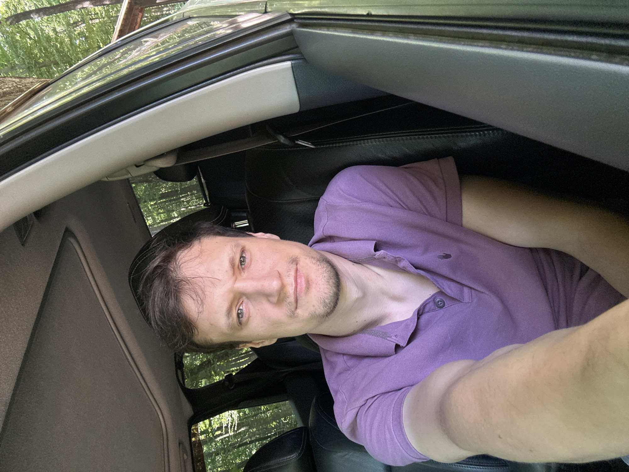 In the original image, a man is captured in a selfie from inside a car. He is seated in the driver's seat, wearing a purple polo shirt. The car's interior is visible, with black leather seats and a sunroof. Outside the car, a forest environment is discernible, with trees and foliage suggesting a rural or natural setting. The image does not provide any specific location details within Shatava, Ukraine.