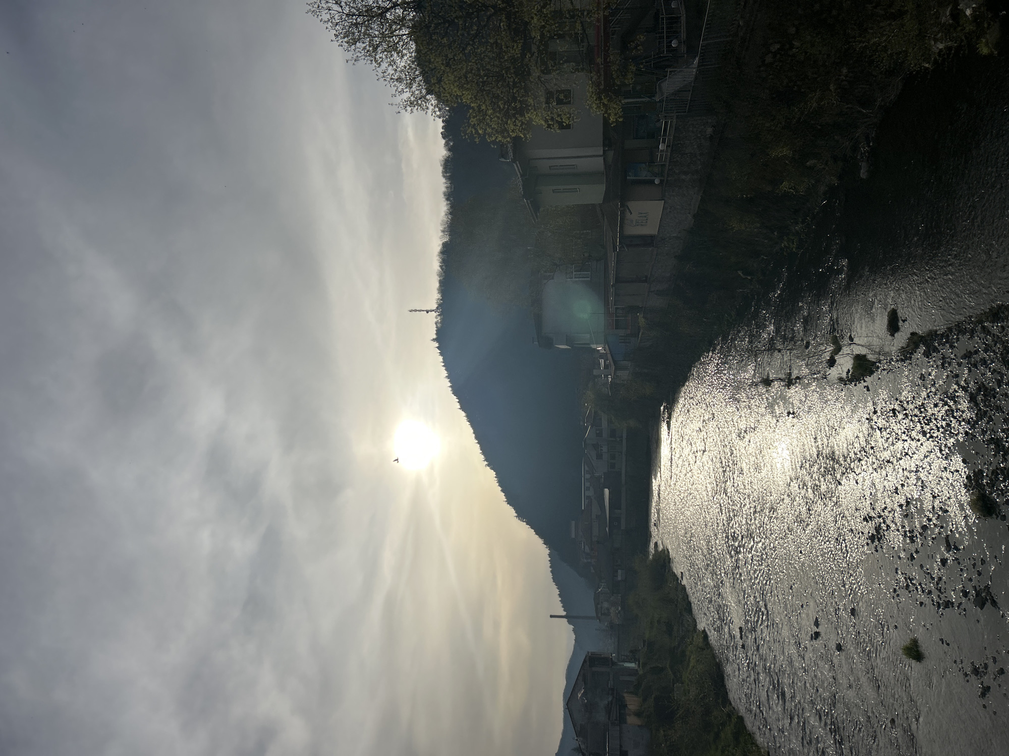 The image captures a picturesque view of a river flowing through a mountainous landscape in Zlatograd, Bulgaria. The scene is illuminated by the sun, positioned low in the sky on the left, casting brilliant rays and creating significant lens flare. This strong backlighting causes shimmering reflections across the river's surface, indicating either early morning or late afternoon.
On the right bank of the river, a collection of buildings, possibly residential or small commercial structures, is nestled among trees with fresh green foliage. Some scaffolding is visible on a few buildings, suggesting ongoing maintenance or construction. A prominent white sign with the word "RELAX" in black letters is affixed to one of these structures.
To the left of the river, a large, steep mountain or hill rises, densely covered with trees. A slender antenna or communication tower stands on the distant peak of this mountain. Further down the hillside, a chimney stack is also discernible. A small bird can be seen silhouetted against the bright glow of the sun in the cloudy sky above.
The sky is largely overcast, but the sun's powerful presence breaks through, casting a warm, bright light that creates striking contrasts, with parts of the foreground and mountain appearing in shadow. The overall atmosphere of the scene is serene and tranquil, showcasing the natural beauty of the landscape with human habitation harmoniously integrated along the river. No explicit human activity is depicted.
