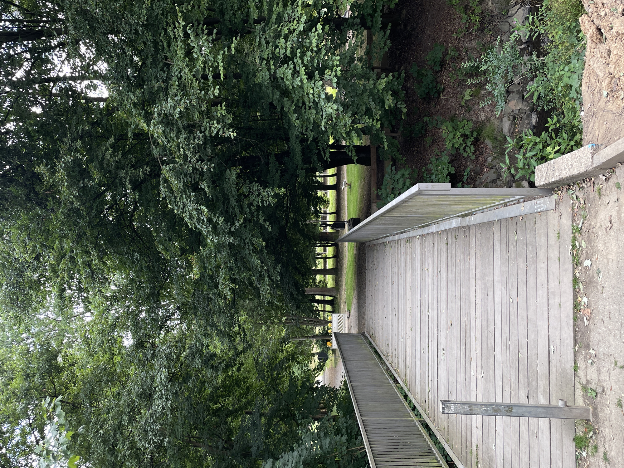 The image shows a wooden bridge with metal railings crossing over a small stream in a park. The bridge is made of light-colored wooden planks laid horizontally. The railings are also made of wood with vertical metal posts. The bridge leads to a dirt path that curves to the left, surrounded by lush green trees and vegetation. In the background, beyond the path, there is an area with grass and more trees. A white barrier with yellow objects on top is visible in the distance, along with a black sign. A white, goose-shaped sculpture is on the grass to the left of the path in the middle ground. The stream below the bridge is rocky and partially obscured by greenery. The overall scene depicts a tranquil park setting. This location is identified as the Siegauenpark in Hennef, Germany.