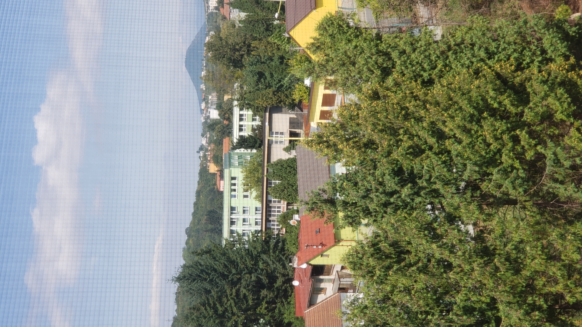 This image depicts a residential area in the city of Prešov, Slovakia, viewed from an elevated perspective. The foreground is dominated by dense evergreen trees, obscuring much of the lower portion of the scene. Behind the trees, several houses with red and grey tiled roofs are visible, some featuring satellite dishes. Further in the background, larger, more modern buildings with green and white facades stand, suggesting institutional or apartment complexes. Beyond these structures, a hilly, tree-covered landscape stretches towards the horizon. In the far distance, a distinct, rounded mountain peak is visible against a partly cloudy blue sky. The overall impression is one of a suburban or semi-rural setting within the city.