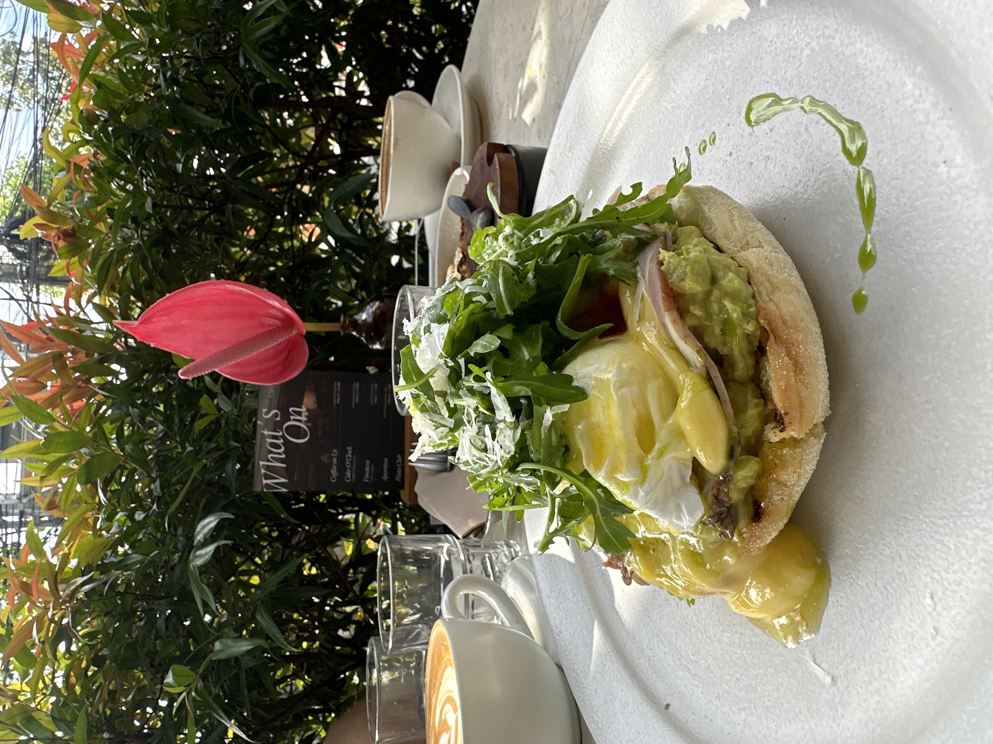 Here's a forensic description of the image:
The image captures a daytime outdoor dining scene, likely at a cafe or restaurant. The primary subject is a plated breakfast dish: Eggs Benedict with greens, avocado, and hollandaise sauce, positioned on a white plate. The plate sits on a table, alongside a cup of coffee with latte art, glasses, and a menu stand titled "What's On." Lush green foliage with a red Anthurium flower partially obscures the background. The location is specified as Unknown, Unknown.