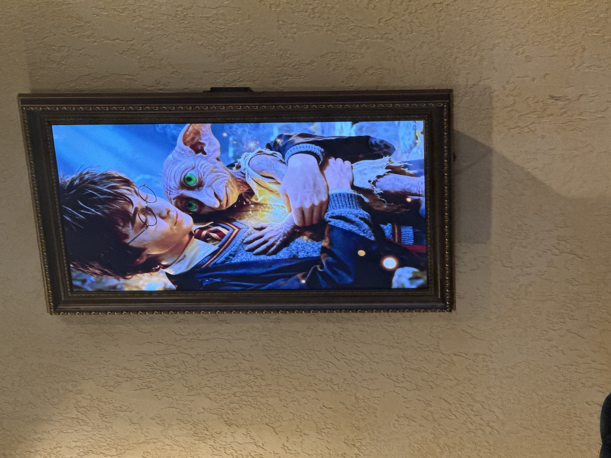 A framed image of Harry Potter and Dobby is displayed on a textured wall. Harry Potter, wearing glasses, a blue sweater vest with red trim over a white shirt and a striped tie, is holding Dobby. Dobby, a house-elf with large green eyes and pointed ears, is being held by Harry and is cradling a glowing object in his hands. The background of the image is a blue, magical landscape. The wall appears to be in an indoor setting, possibly a home or a themed establishment in Krasnodar, Russia.