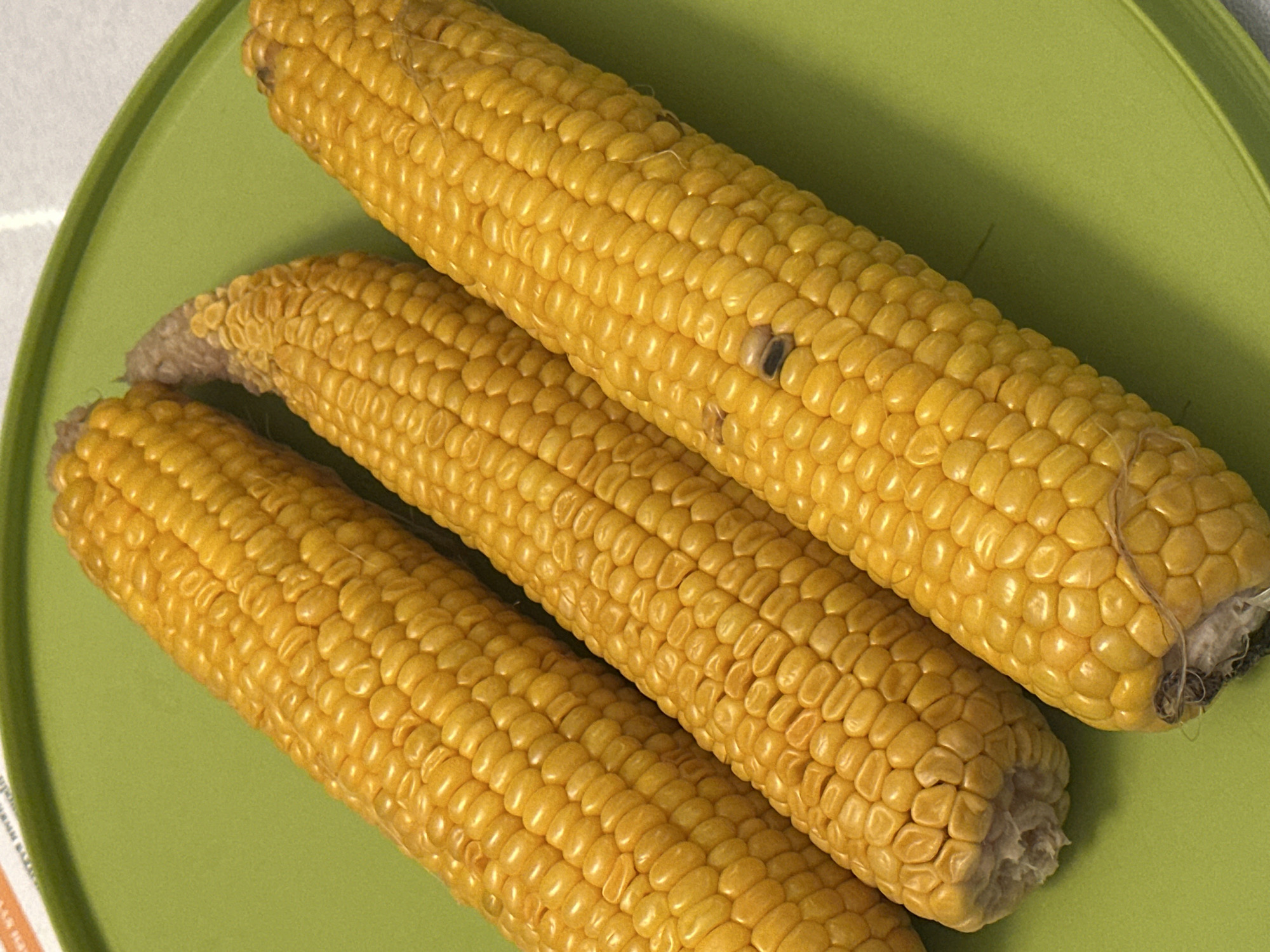 Three ears of corn are arranged diagonally on a green surface. The corn is bright yellow, with visible kernels and some browning at the ends. One ear of corn has a small black mark, likely an insect or discoloration. The green surface appears to be a plate or placemat. The scene is lit from above, casting soft shadows. There is no indication of the location in Nevinnomyssk, Russia, or any people present.