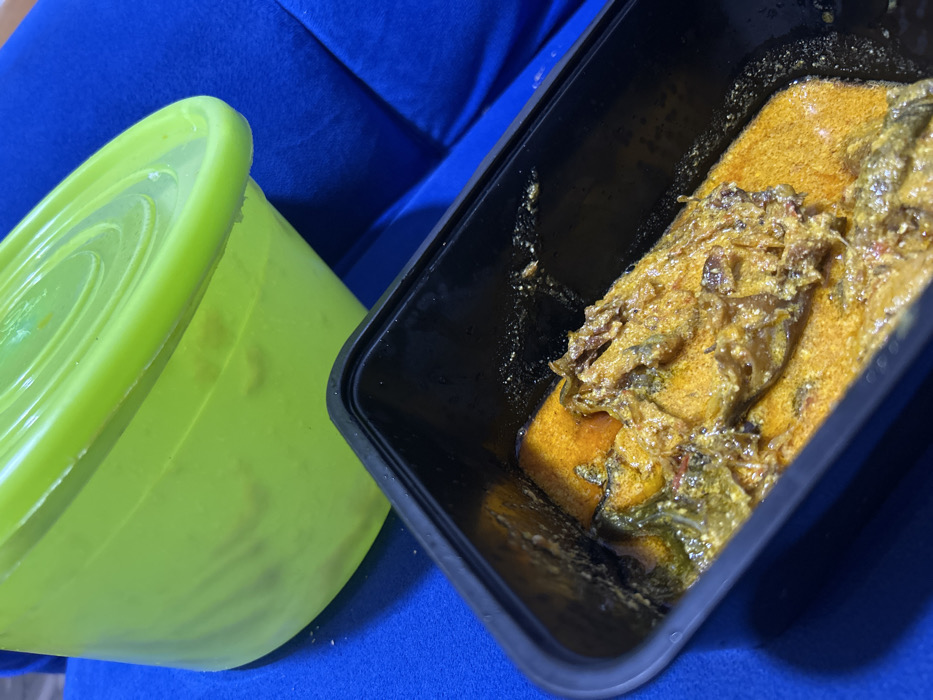The scene is depicted in what is identified as the city of Ilishan, Nigeria. No specific street or indoor location within Ilishan is discernible from the image.
The primary subject is a black, rectangular plastic food container positioned in the foreground, angled slightly. It contains a yellowish-orange food item, possibly a stew or soup, with an uneven texture. Visible within this food are darker, fibrous components, some appearing to be shredded or minced, mixed throughout the orange base. The surface of the food exhibits an oily sheen. The interior edges of the black container show remnants of food splashes.
In the upper background, partially obscured, is a lime-green, circular plastic container with a matching fitted lid. This container is translucent, allowing a faint view of contents that appear to be a lighter, semi-solid substance.
Both containers rest on a textured, deep blue fabric surface, likely upholstery. The lighting suggests an indoor setting with ambient light reflecting off the food and containers. No individuals, actions, or direct interactions are visible.