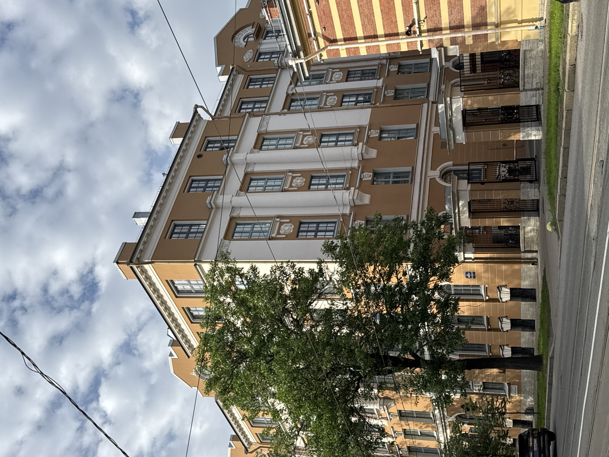 The image depicts a street view in Saint Petersburg, Russia, featuring a large, multi-story building with an orange facade and white decorative elements. A large green tree stands in front of the building, partially obscuring its lower floors. Several wires are visible crisscrossing the frame. To the right, another building with a brick facade of red and yellow stripes is partially visible. A black car is parked on the left side of the street, and a tram track runs along the foreground. The sky is partly cloudy. The architecture suggests a historic urban setting.
