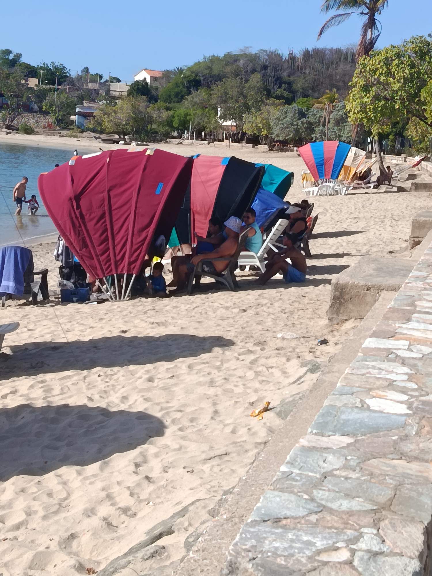 The image depicts a sunny day on a sandy beach in Pedro González, Venezuela. Several people are relaxing on lounge chairs under colorful beach shelters. In the foreground, a large red beach shelter is prominent, with several individuals seated beneath it. To the left, a man and two children are wading in the shallow water. Further back, more beach shelters of various colors are visible, as are other beachgoers and lounge chairs. The background shows lush vegetation, trees, and some buildings on a hillside, characteristic of the coastal landscape of Pedro González. The sea is calm and a clear blue sky dominates the upper portion of the image. A stone wall runs along the right side of the frame, separating the sandy beach from a higher elevation. A small yellow toy is visible on the sand near the stone wall.