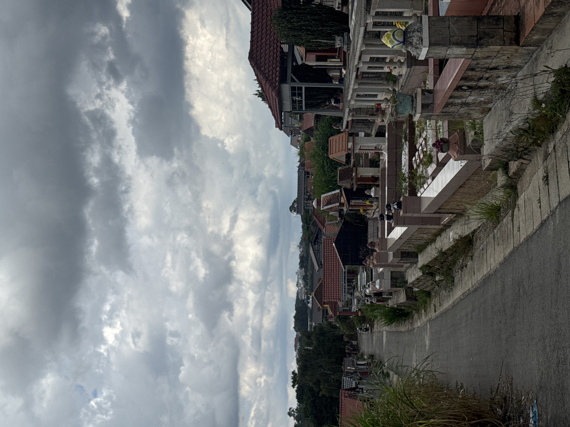 The image shows a street scene in Lạc Dương, Vietnam. The focus is on a row of elaborate tombs situated along the roadside, suggesting this area may be a cemetery. The tombs are constructed of stone and concrete, many with red-tiled roofs and ornate decorations. A paved road runs parallel to the tombs. On the opposite side of the road, trees and vegetation are visible, giving a sense of a natural environment intertwined with the urban setting. The sky above is filled with heavy, grey clouds, indicating overcast weather conditions.