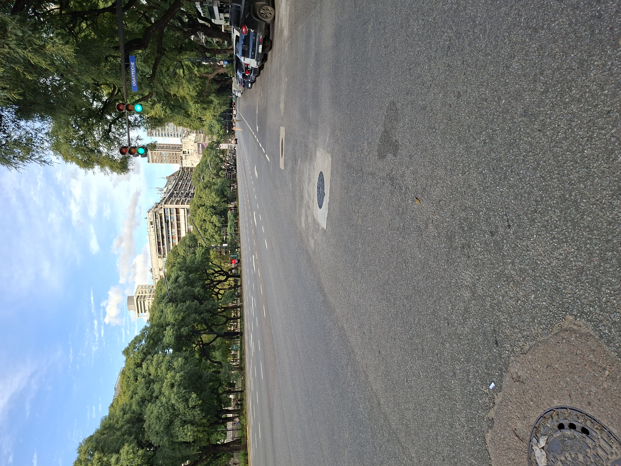 The image depicts a wide avenue in Buenos Aires, Argentina, likely Avenida del Libertador, as suggested by the "Ugarteche" street sign. The road is gray asphalt, with white lane markings, and includes manhole covers. Green trees line the left side of the avenue, where a traffic light shows a green signal. Buildings are visible in the background, under a partly cloudy sky. Parked cars are on the left-hand side of the road, beyond the trees. The scene appears calm and devoid of pedestrian activity.