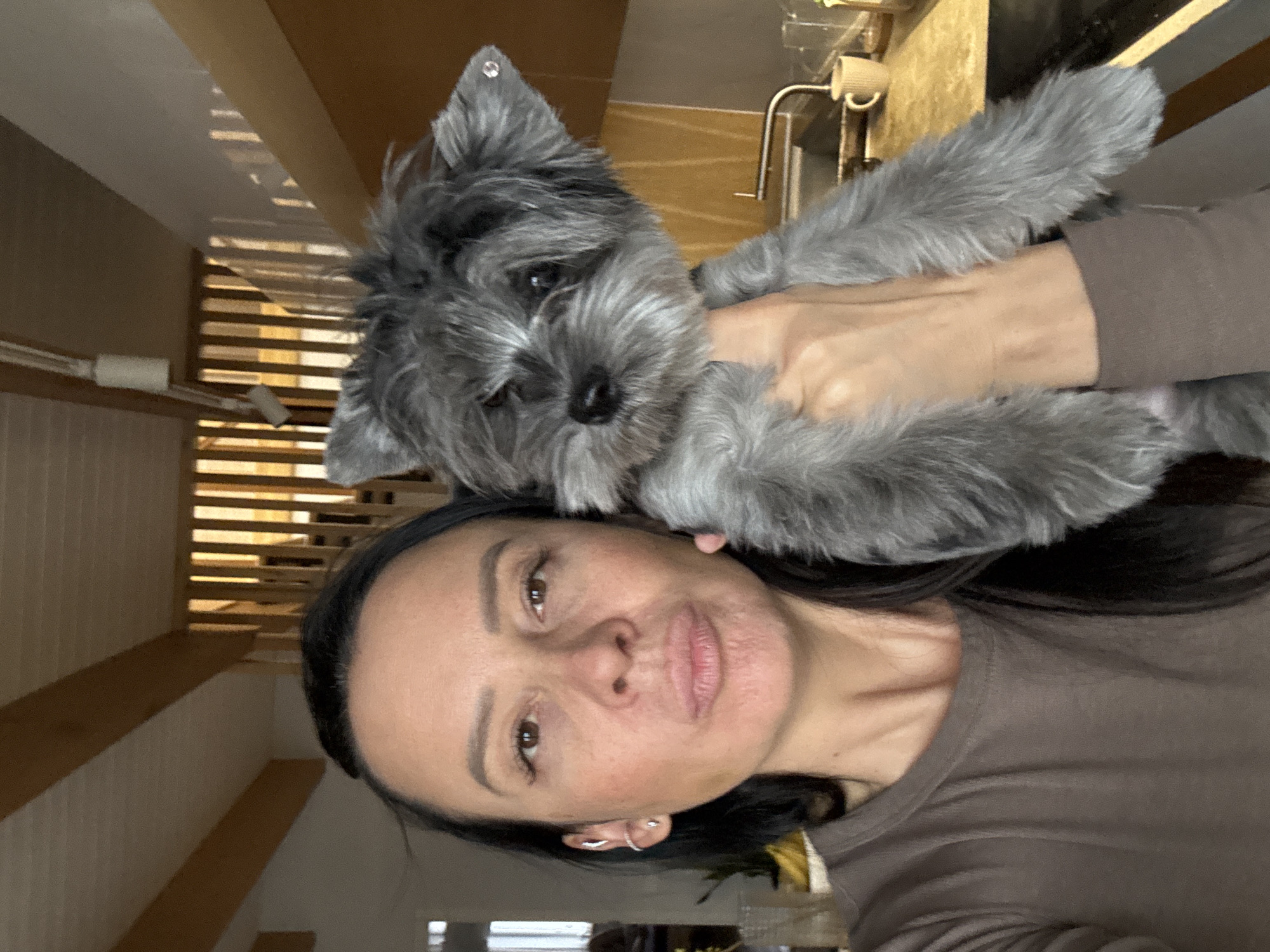 A woman holds a grey Schnauzer-type dog against her head. The woman is wearing a brown long-sleeved shirt and has dark hair. The background shows a room interior, including a kitchen area with what appears to be a sink, faucet, and some items on the counter. The image also shows a section with light-colored wooden slats, possibly part of a wall or furniture. The location of Chaikovsky, Russia cannot be confirmed from the visual information provided in the image.