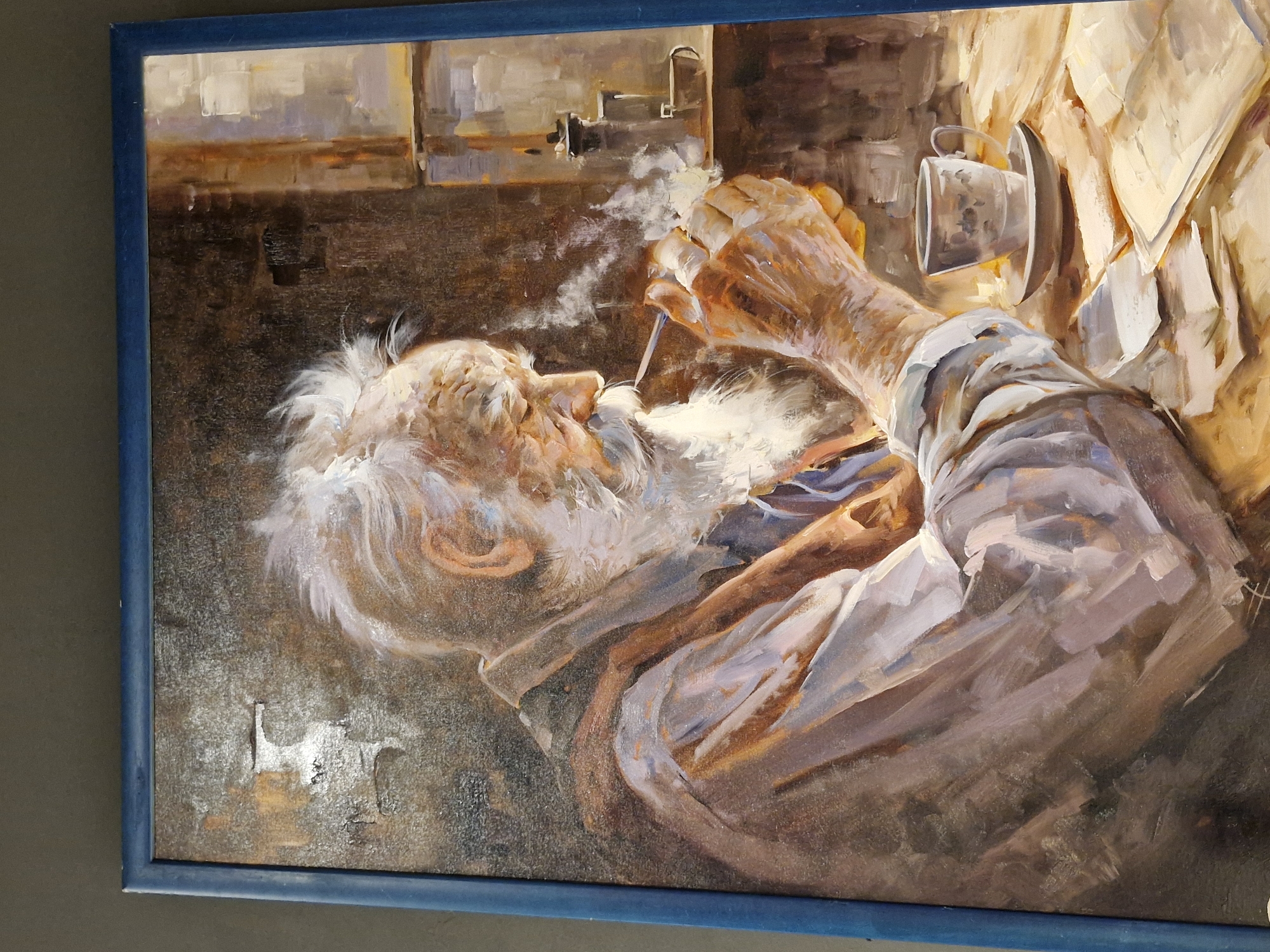 This is a painting of an elderly man with a long white beard and white hair, smoking a pipe. He is sitting at a wooden table with a cup of coffee and some papers in front of him. The man is wearing a light-colored shirt and a brown vest. Smoke is rising from his pipe and in the background, there is a shelf with a coffee pot and another object. The painting is framed in a blue frame. There is no identifiable location in the city of Bremen, Germany.