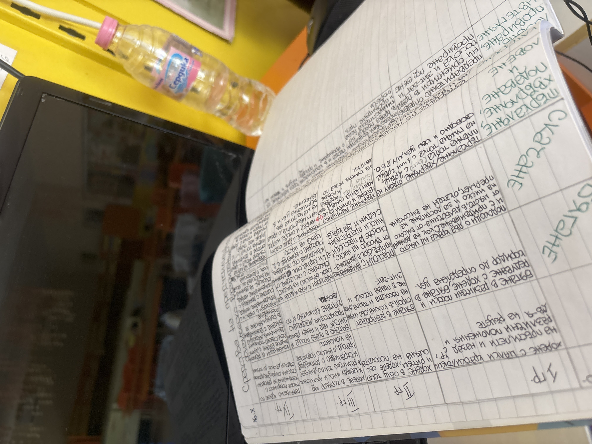 The image depicts an open notebook on a desk, filled with handwritten text in Cyrillic script. The notebook is lined, and some entries appear to be in a table format. In the background, a laptop screen is visible, reflecting some light. To the right of the notebook, a plastic bottle of water with a pink cap is standing upright. The environment appears to be indoors, possibly a study or office space, with a yellow wall visible in the background. The overall impression is of a work or study session in progress. There is no specific information in the image to indicate the location in Plovdiv, Bulgaria.