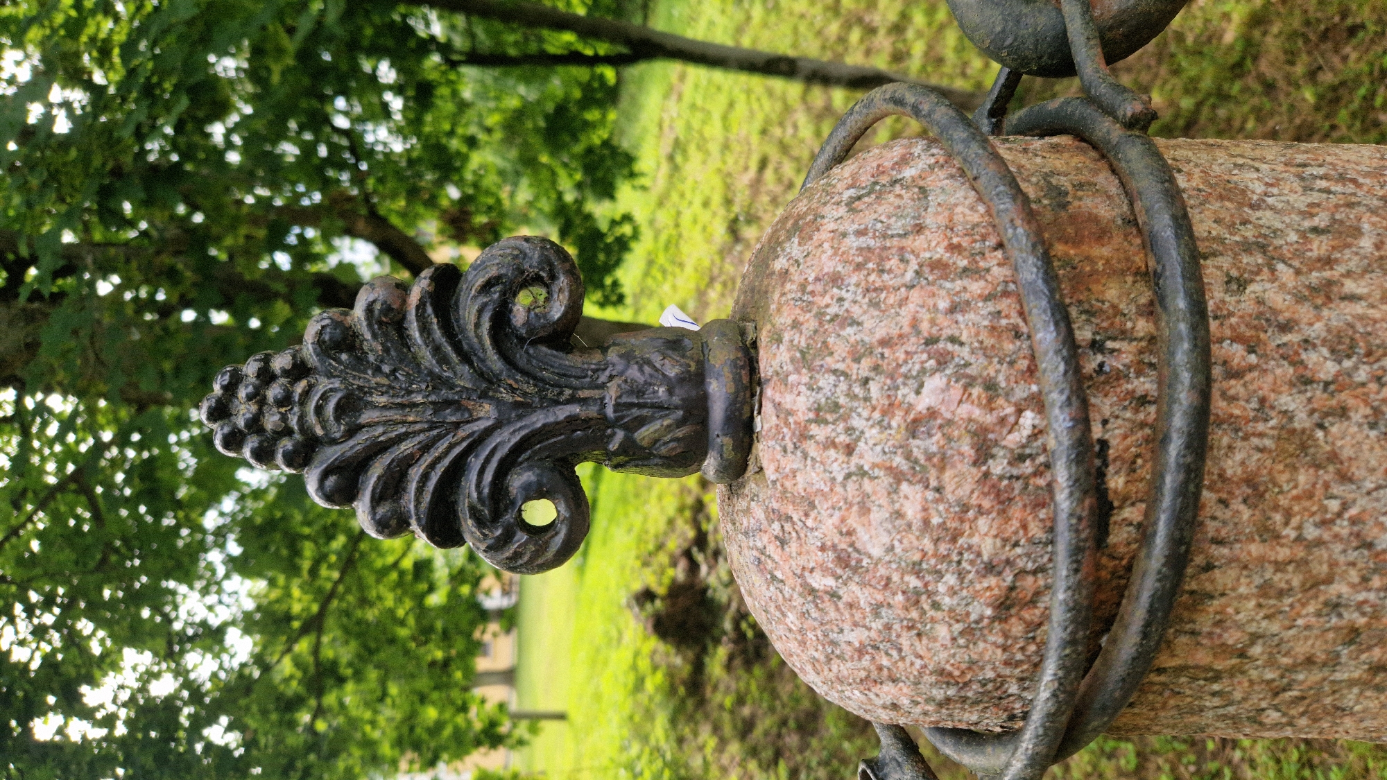 The image shows a close-up of a decorative cast iron finial atop a granite pillar. The finial is black and resembles an acanthus leaf with a cluster of berries at the top. The granite pillar is roughly cylindrical with a rounded top, exhibiting a speckled pink and grey texture. Two thick, dark metal rings are wrapped around the pillar. The background is a softly focused green landscape with trees and grass, suggesting an outdoor park or garden setting. A hint of a white paper tag is visible beneath the finial. The location is identified as the Kazdanga Manor park in Kazdanga, Latvia.