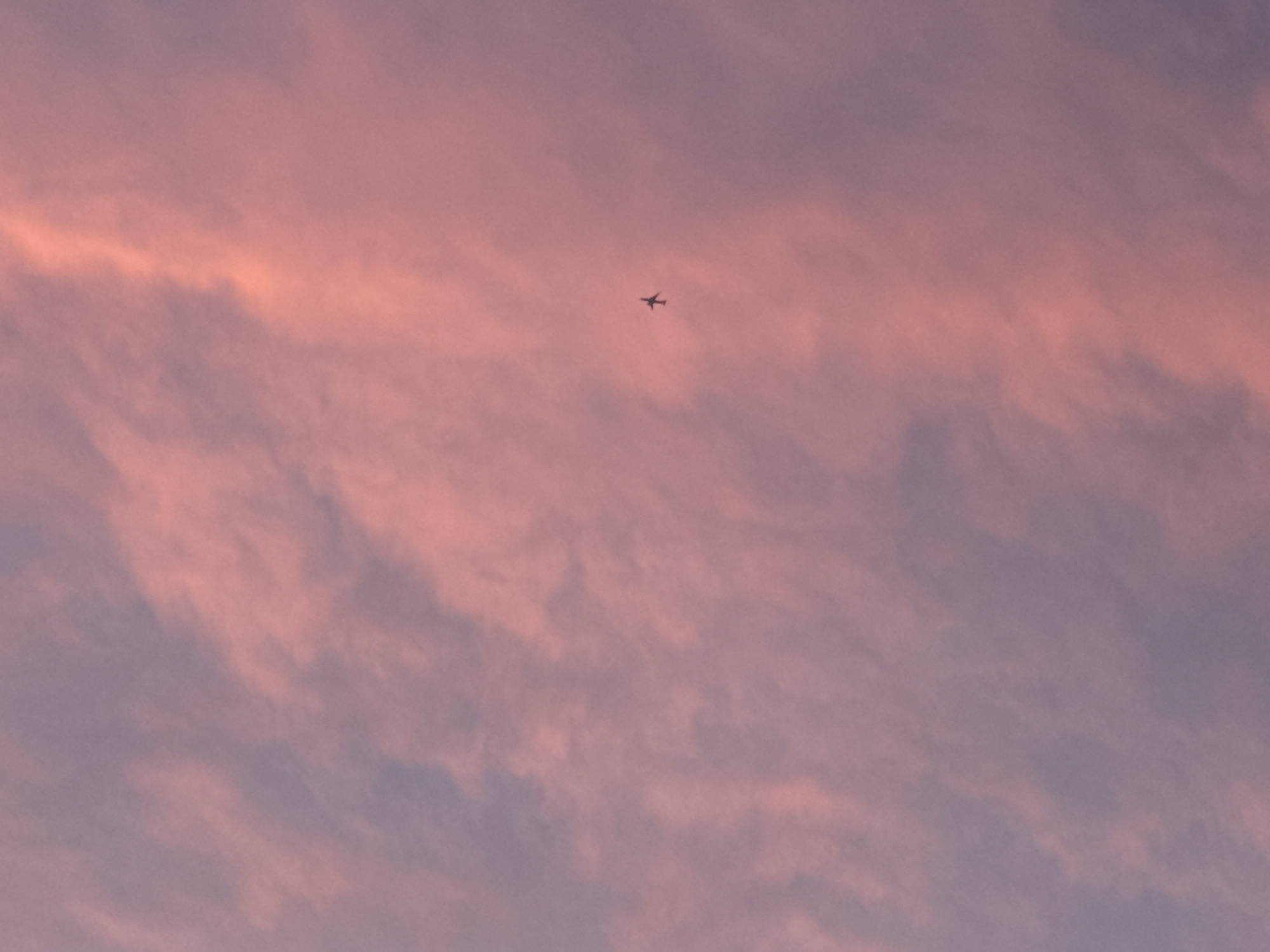 A small airplane is silhouetted against a sky filled with wispy, pink and purple clouds, likely during sunset or sunrise. The airplane appears to be in flight, with its wings extended. The clouds are textured and diffuse, creating a soft, atmospheric backdrop. The overall scene evokes a sense of vastness and quietude. The location is not specified.