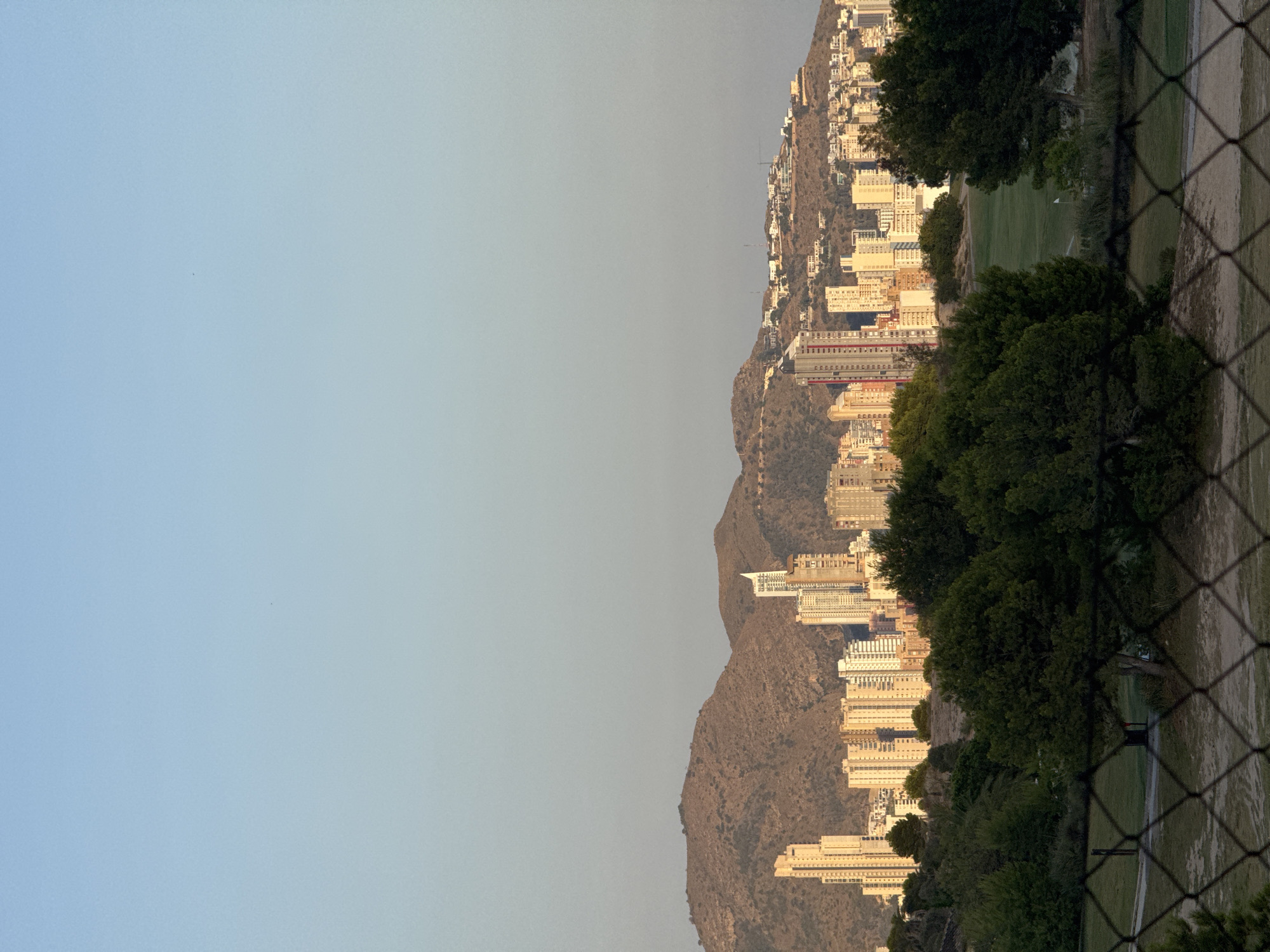The image depicts a view of Benidorm, Spain, showcasing its iconic skyline set against a backdrop of rolling hills under a clear, pale blue sky. In the foreground, a chain-link fence partially obscures a view of lush green trees and a golf course. The mid-ground is dominated by a dense collection of high-rise buildings, characteristic of Benidorm's urban landscape, with numerous apartment blocks and hotels bathed in the warm light of what appears to be late afternoon or early evening. Behind the city, the hills are arid and sparsely vegetated, with scattered houses and buildings visible on their slopes, indicating development extending into the more rugged terrain. The overall impression is one of a densely populated coastal city nestled between natural hills and the sea, though the sea itself is not directly visible. The scene is static and peaceful, with no visible human activity.