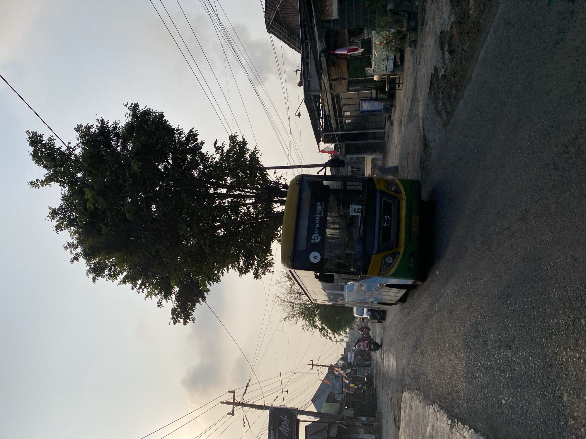 A medium shot captures a yellow and green bus with "TransJogja" branding driving on a paved road in Kasihan, Indonesia. The bus has a number "6" displayed on its front. The road is lined with buildings, including a shop with a sign that appears to read "Apik," and several smaller structures with corrugated metal roofs. A large tree with dense foliage is positioned behind the bus. Several motorcycles are also present on the road, with riders visible. Utility poles with numerous wires are visible throughout the scene, along with two Indonesian flags. The sky is overcast, with the sun low on the horizon, suggesting either dawn or dusk. The overall environment appears to be a semi-urban or suburban street scene.