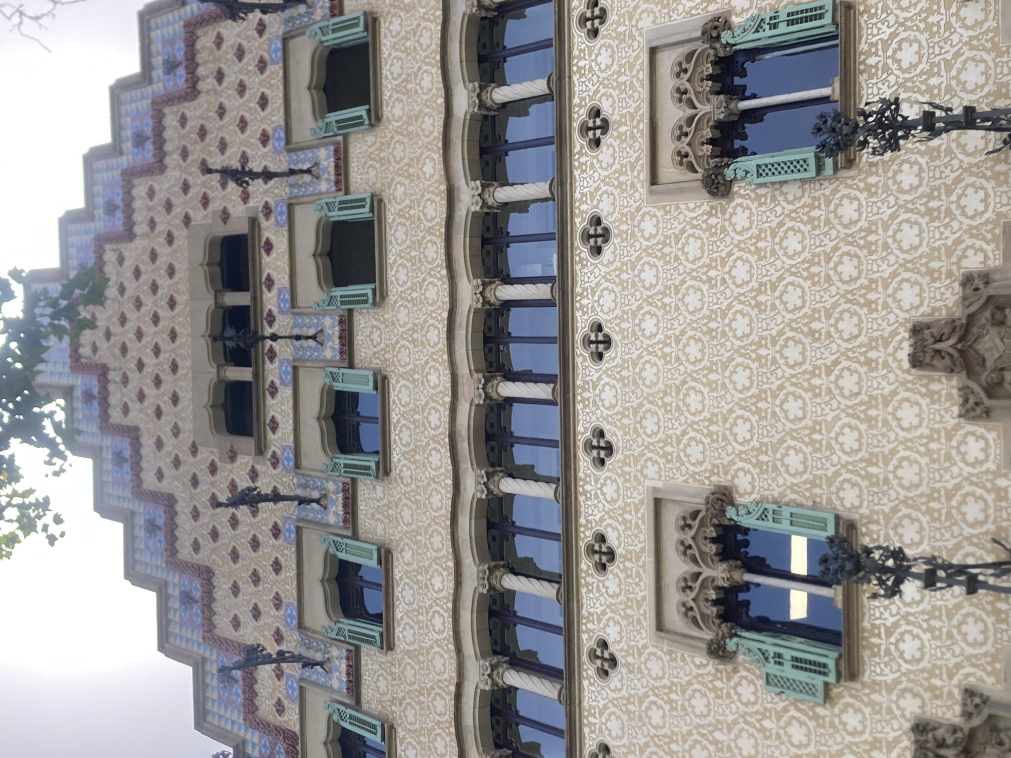 The image shows a close-up of the facade of Casa Amatller, a modernist building located on Passeig de Gràcia in Barcelona, Spain. The facade is adorned with intricate decorative patterns, including geometric motifs and floral designs in beige and white. Several windows are visible, featuring green shutters and ornate stone carvings around the frames. The building's distinctive stepped roofline is also partially visible at the top of the image, decorated with colorful tiles. The scene is shot from a low angle, emphasizing the grandeur of the architecture. The sky is overcast, and a few leaves from a tree can be seen at the very top of the frame. There are no people or animals present in the image.