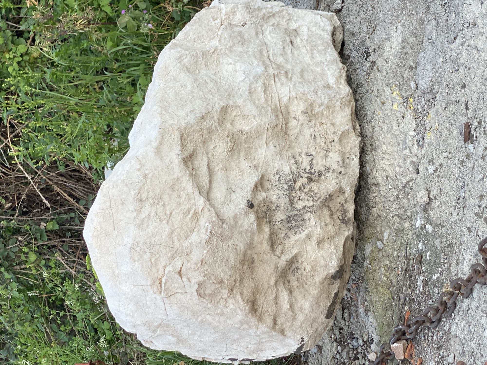 A large, roughly rectangular light-colored rock rests on the ground near a patch of green vegetation to its left and a textured, light-gray concrete surface to its right. A rusty chain lies partially on the concrete surface. The location appears to be outdoors, possibly in a park or garden setting in Budva, Montenegro, given the prompt's specifications. No people are visible. The scene is static.