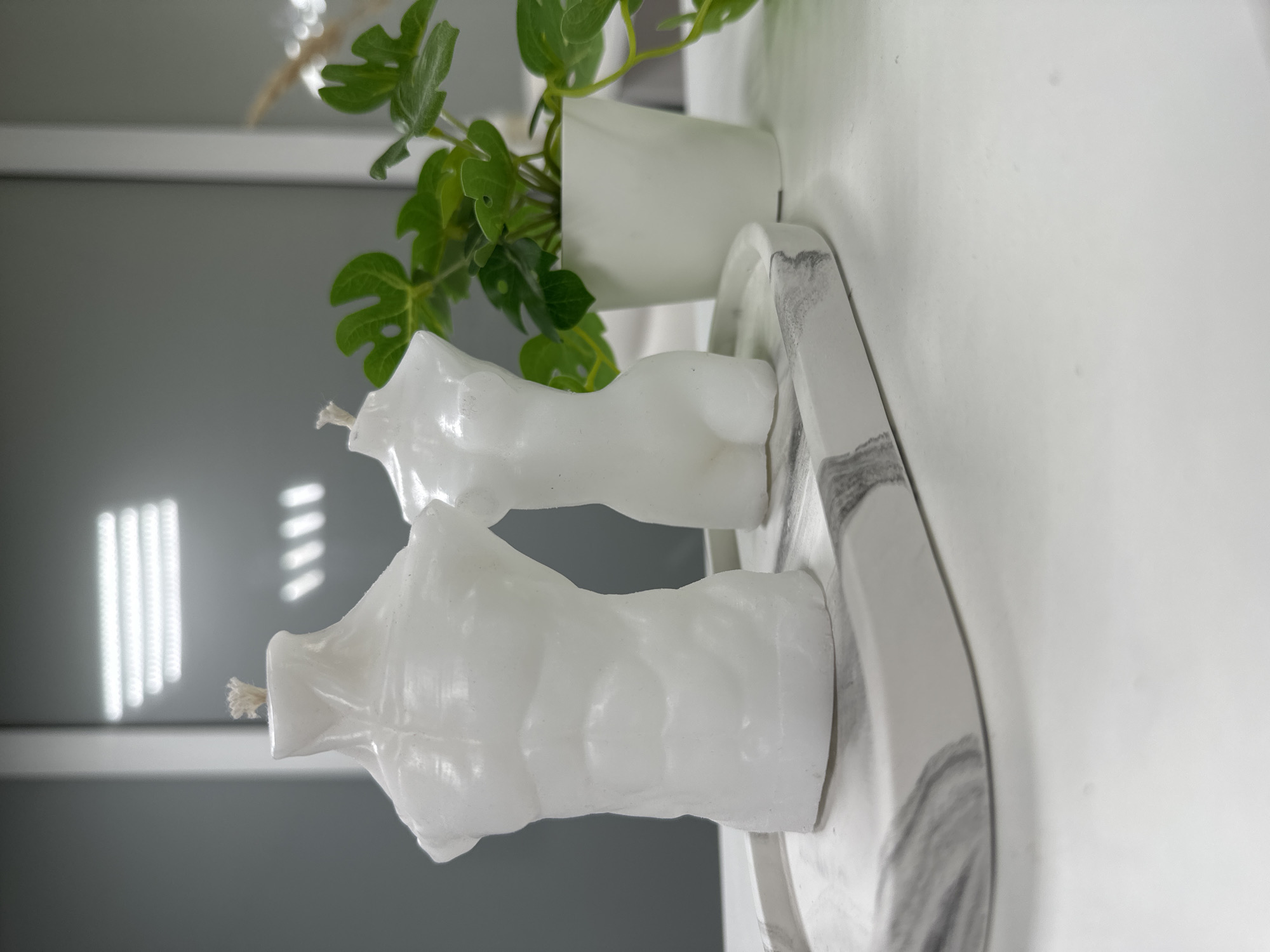 A high-angle shot captures two white, human-shaped candles with wicks, resting on a gray and white marble-patterned tray. Behind the candles is a small, white pot containing a green plant with large, split leaves. The background consists of a white wall near a window where light filters through. The image does not provide any information that would allow determining the location in the city of Chaikovsky, Russia, as it's an interior shot with generic elements.