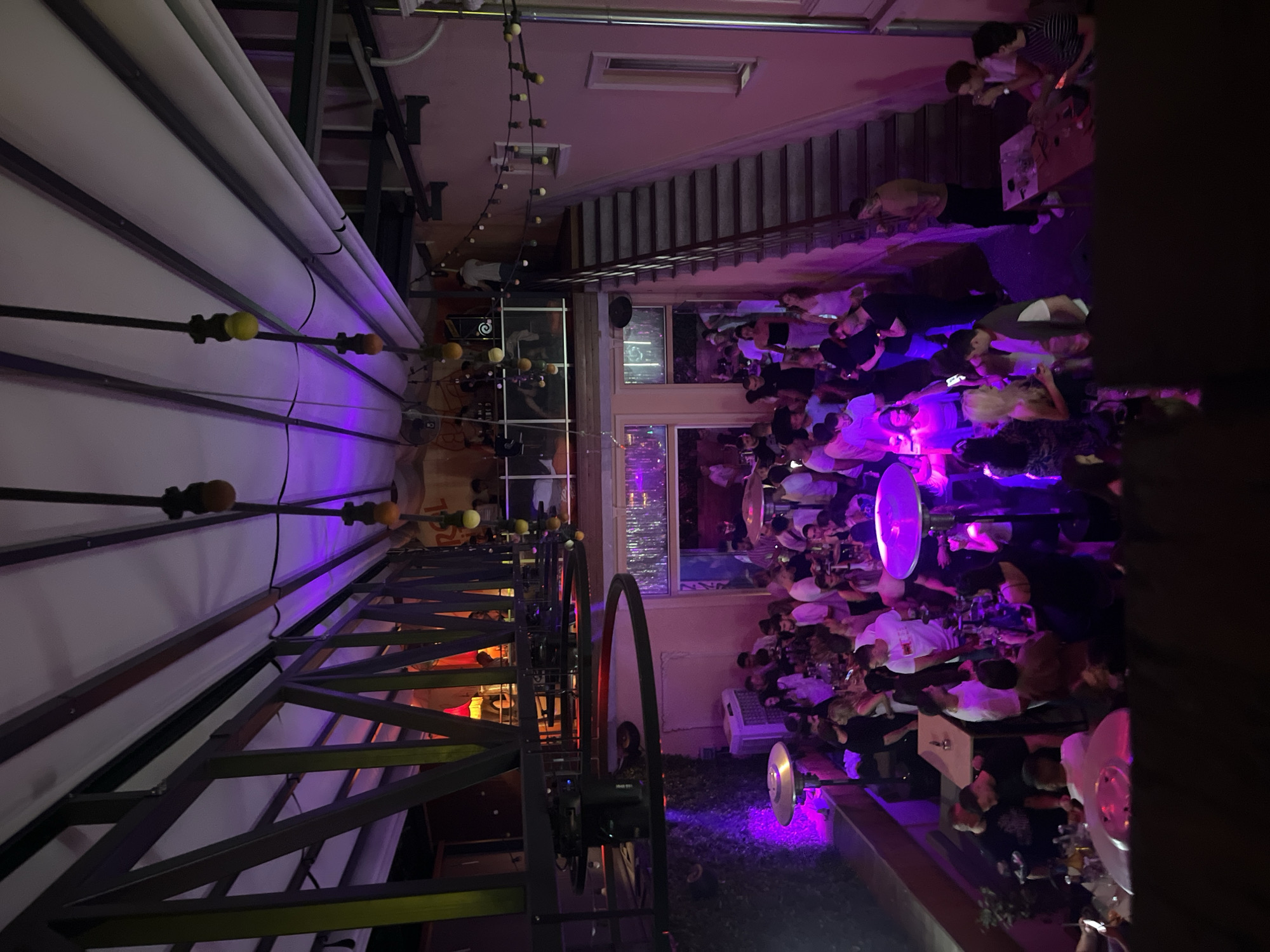 The image depicts an outdoor social gathering in an urban setting, likely at night or in a dimly lit environment. A large group of people is visible, many of whom appear to be standing and socializing, with some seated at tables. The presence of lighting fixtures suggests a deliberate effort to create an ambiance. The location could be a rooftop bar, a patio area, or a similar outdoor venue designed for social interaction. The specific city location is unclear without additional contextual clues.