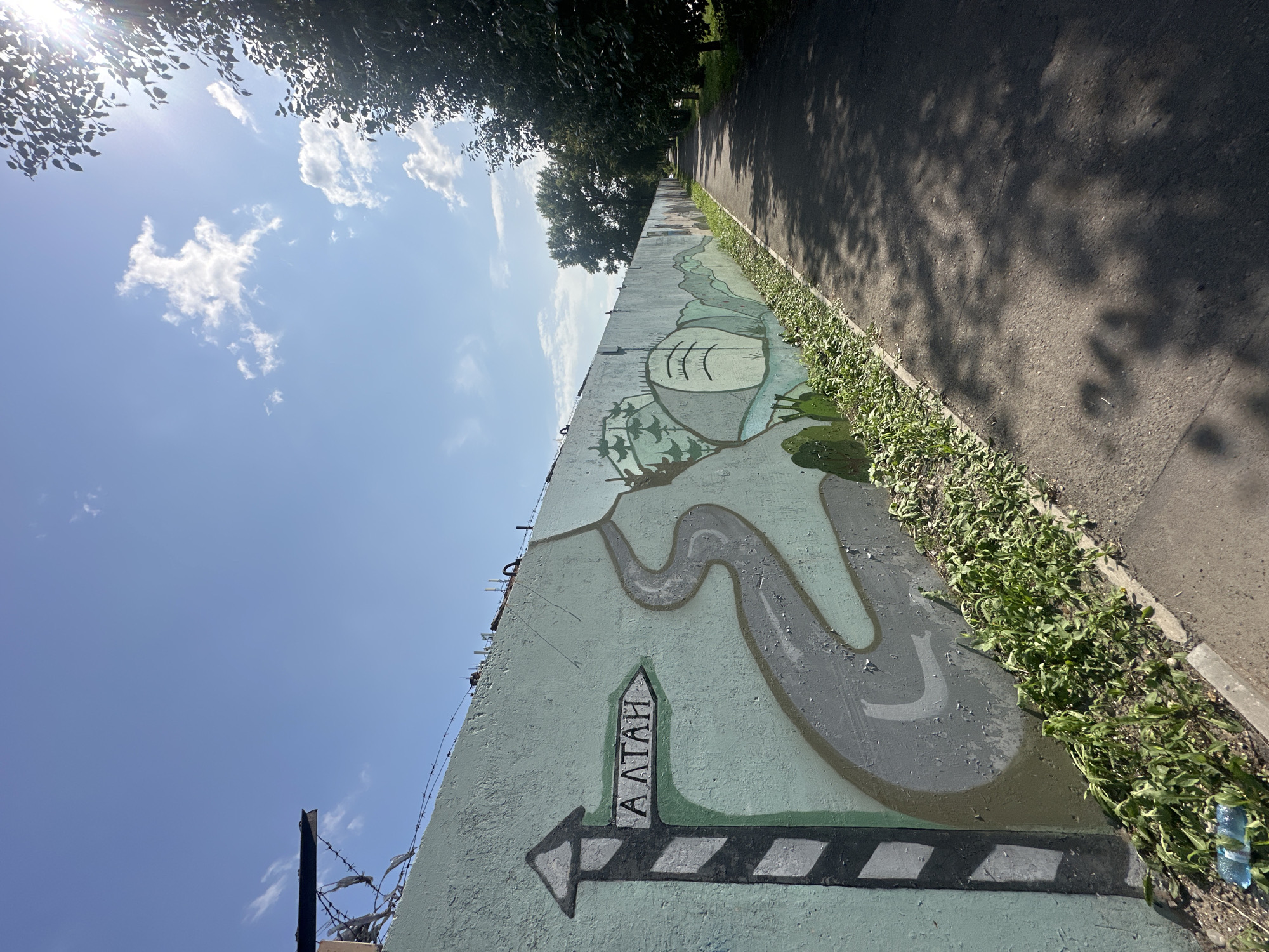 The image shows a long, light green concrete wall adorned with a mural. The mural depicts a stylized landscape with a winding grey road, green trees, and some abstract shapes. A signpost with an arrow pointing to the right, bearing the Cyrillic inscription "АЛТАИ" (Altai), is painted on the left side of the wall. The wall is topped with barbed wire, suggesting it may be a perimeter fence.
The wall runs alongside an asphalt path, which is bordered by a strip of green vegetation. Trees with dark green foliage line the right side of the path, casting dappled shadows on the ground. The sky is bright blue with scattered white clouds. The sun is visible in the upper right corner, partially obscured by the leaves of a tree, indicating it is a sunny day. The scene appears to be in an outdoor urban or suburban environment. The presence of the Altai inscription on the mural suggests a connection to the Altai region, which is a geographical area in Russia and other countries. Given the request for a location in Biysk, Russia, this mural could be located within the city or on its outskirts, potentially referencing the nearby Altai mountains or a specific destination within the Altai Krai. There are no people visible in the image.