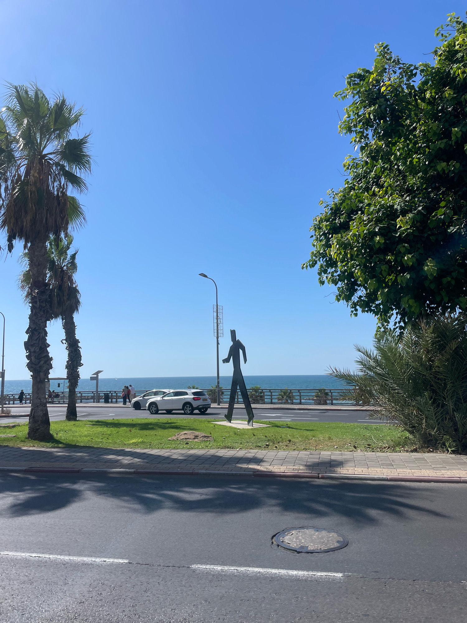 The image captures a sunny day scene in Tel Aviv, Israel, likely along the coastal promenade. In the foreground, a dark, abstract metal sculpture of a walking figure stands on a patch of grass. To the left, two tall palm trees cast shadows on the asphalt road, where a manhole cover is visible. Behind the sculpture, a road runs parallel to a body of water, presumably the Mediterranean Sea. Several cars, including two white SUVs, are parked or driving on this road. A paved walkway with people strolling is situated between the road and the sea. A metal railing separates the walkway from a grassy area. The sea itself appears calm, with a clear blue sky overhead. A large, leafy green tree dominates the right side of the frame, partially obscuring the view of the sky and sea. The overall impression is one of a vibrant urban coastal environment on a clear day.