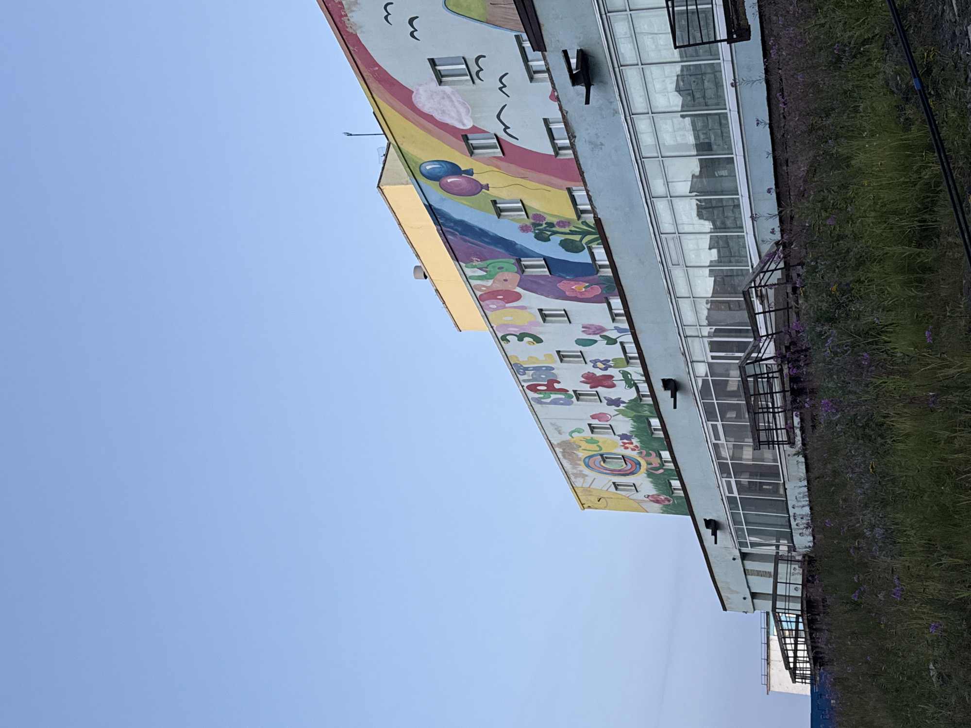 The image depicts the side of a light blue, multi-story building with a vibrant mural covering its upper facade. The mural features colorful elements such as balloons, flowers, birds, a rainbow, and what appear to be stylized characters or letters in Russian. The building has multiple windows and a light yellow structure on its top level. Below the mural, there is a glass-enclosed section of the building with walkways and railings in front of it. The foreground is dominated by a grassy slope covered in tall grass and purple wildflowers. In the distance, a clear blue sky is visible. The building's architecture and the style of the mural suggest it might be a public institution, possibly a school or community center, located in a northern climate. This specific building is the Norilsk State Academy of Arts, located in Norilsk, Russia.