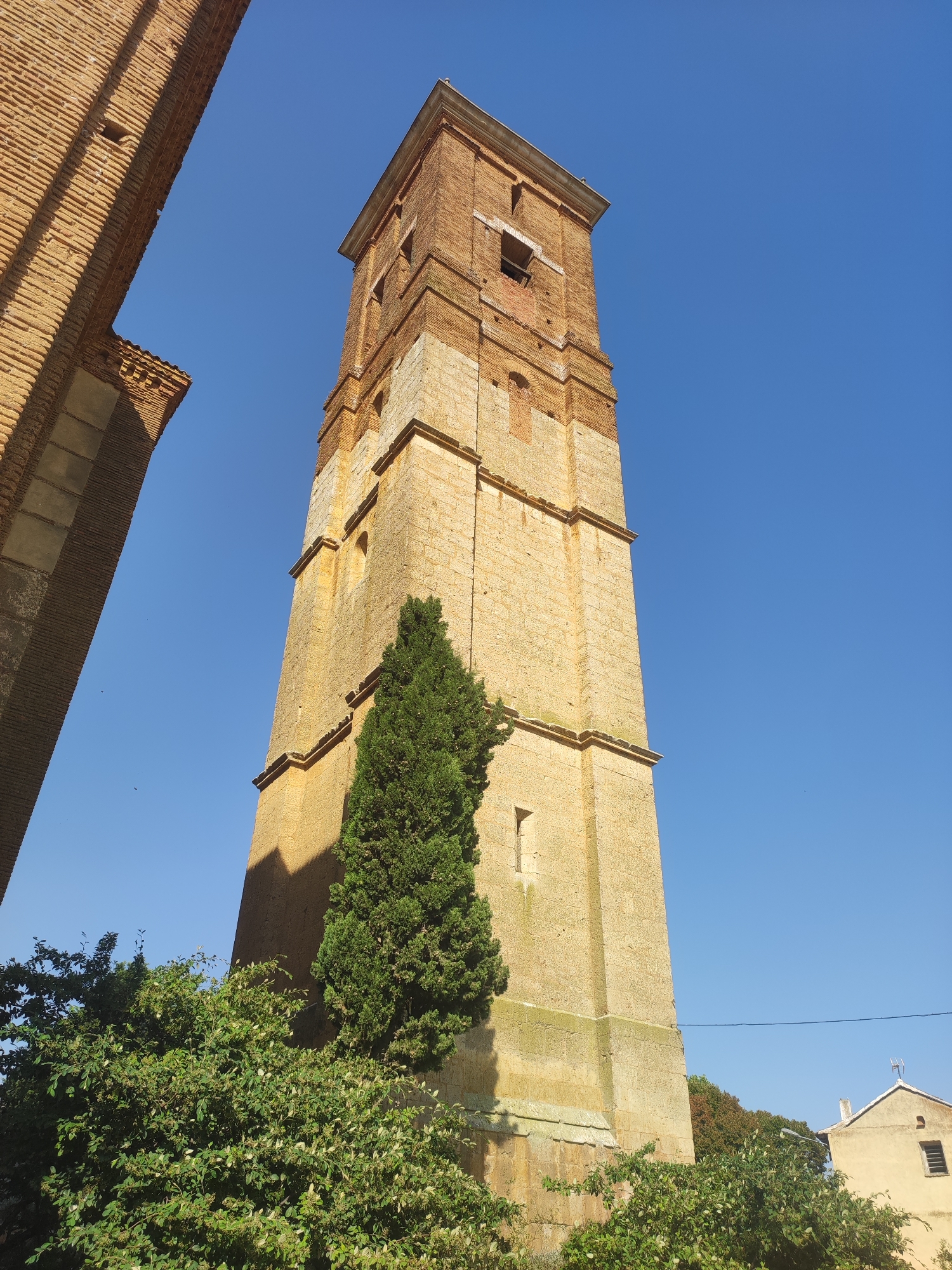 The image shows a tall, ancient brick and stone tower in Autillo de Campos, Spain. The tower is made of alternating bands of brick and stone, with some visible damage and openings. A tall, slender evergreen tree stands in front of the tower, casting a shadow. Lush green foliage and trees are in the foreground, partially obscuring the base of the tower. In the background, a clear blue sky is visible, along with the roofline of a smaller building with a tiled roof and a small window. A portion of another brick structure is visible on the left side of the image, arching upwards. The scene appears to be a bright, sunny day.