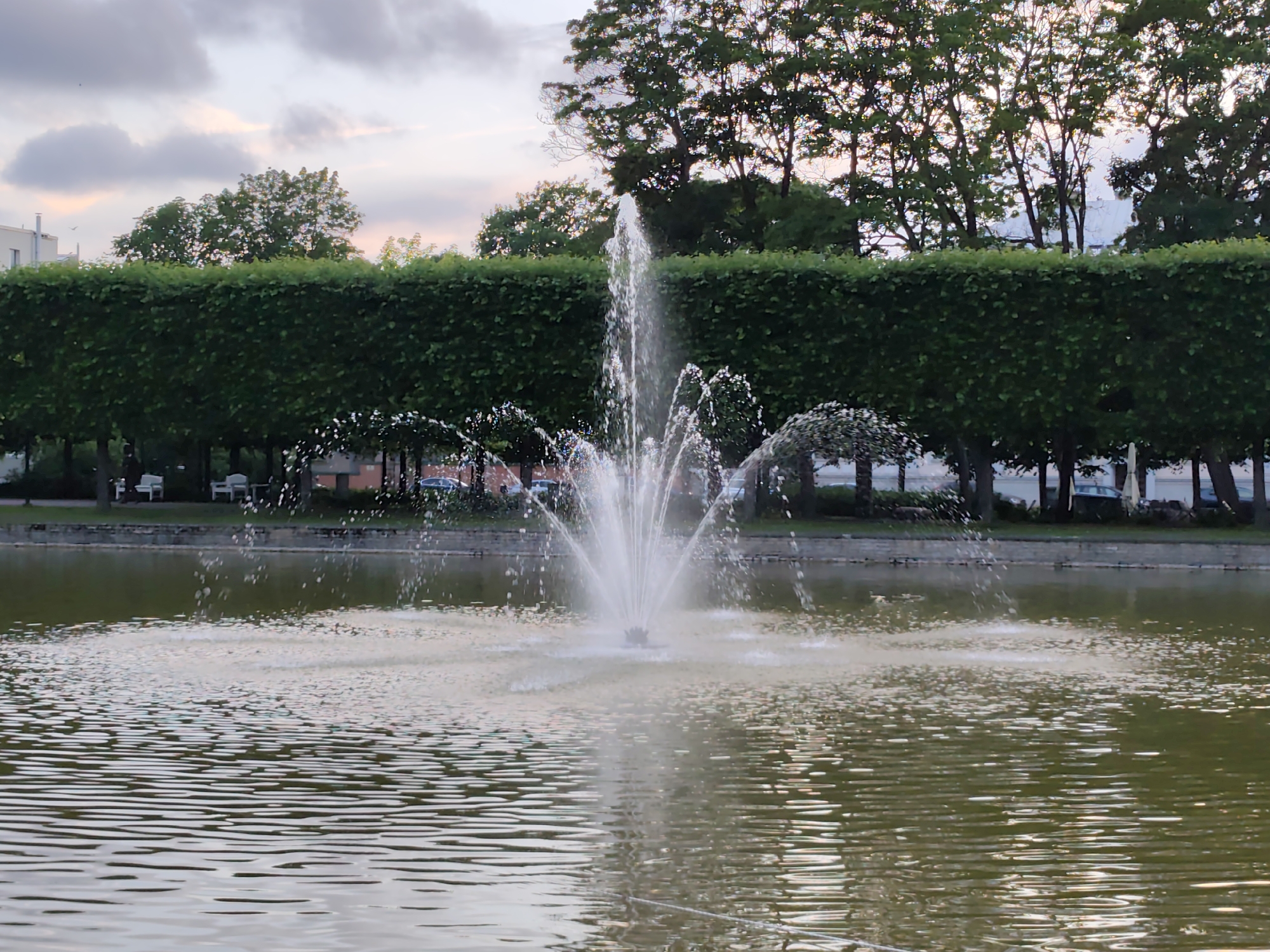 The image captures a serene outdoor scene at dusk, with a fountain actively spraying water in a calm pond. The pond is situated in front of a meticulously manicured hedge that runs horizontally across the middle ground. Behind the hedge, a row of trees with full foliage stands tall, their branches reaching towards a cloudy sky painted with soft pastel hues. In the far background, a building with a light-colored facade is partially visible. The pond's surface is rippled, reflecting the overcast sky and the spray from the fountain. The overall atmosphere is tranquil and suggests a public park or garden setting, possibly located in Tallinn, Estonia.