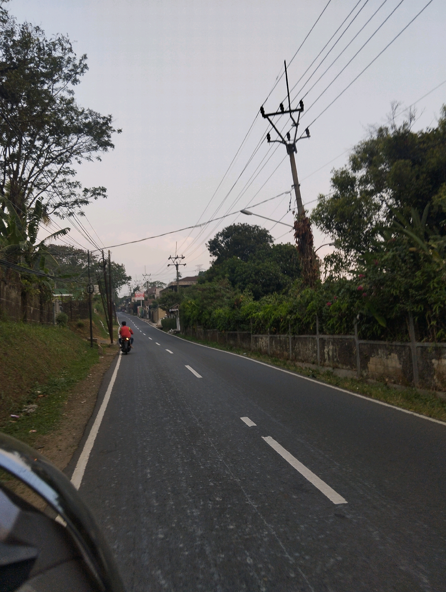 The image depicts a road in Megamendung, Indonesia, likely during the late afternoon or early morning due to the diffused light. The road is paved and has white dashed and solid lines marking its lanes. A person on a black motorcycle, wearing a red shirt, is traveling away from the viewer in the right lane. On the left side of the road, there's a grassy embankment with a stone wall and some vegetation. Utility poles with multiple wires are visible along the roadside, running into the distance. Lush green trees and bushes line the right side of the road, with some houses and buildings partially visible through the foliage. The sky is overcast with a light gray hue. The perspective suggests the photo was taken from another moving vehicle.