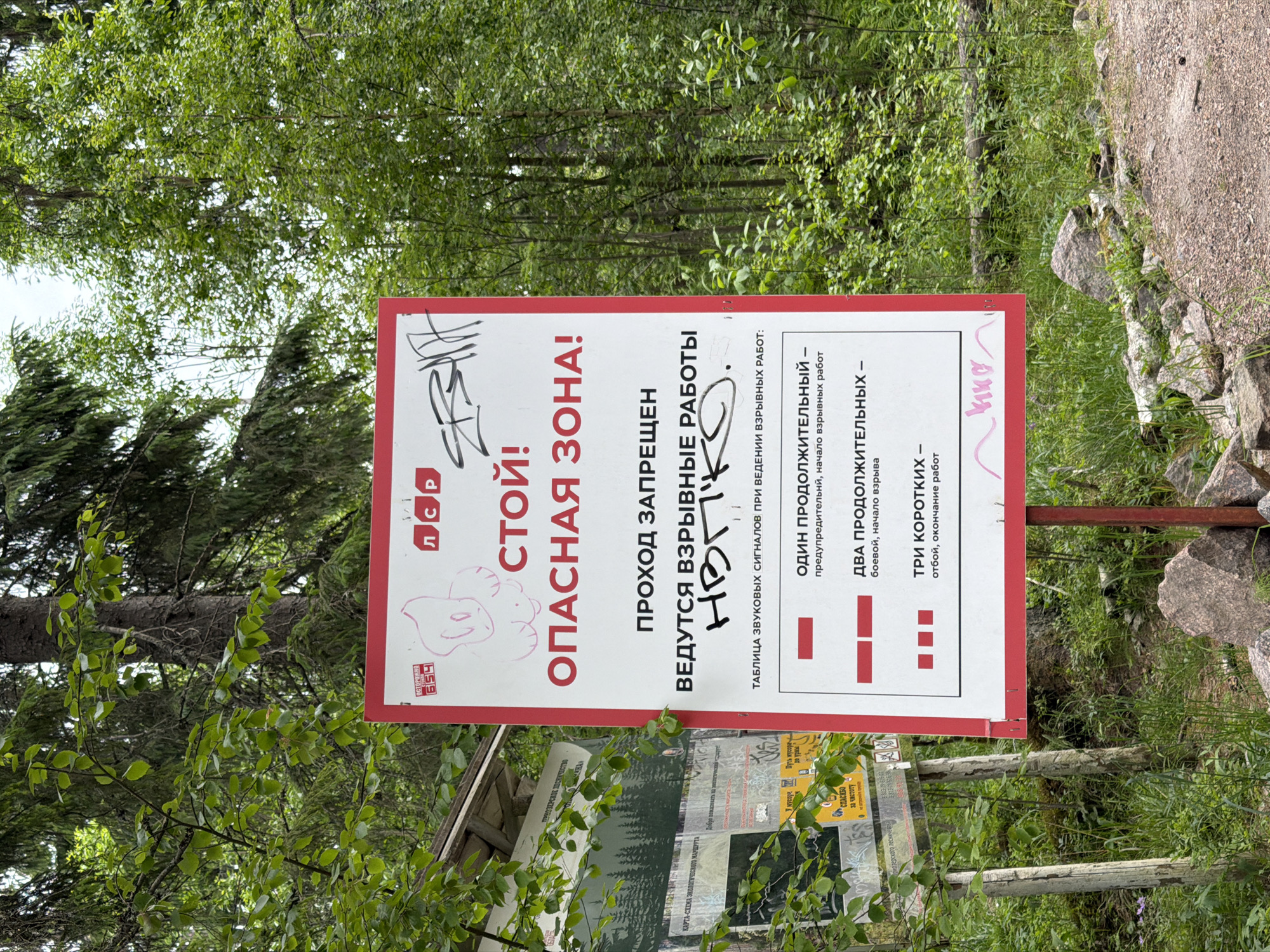 In Kuznechnoye, Russia, a red and white sign with Cyrillic text is erected on a metal pole amidst lush green foliage and trees. The sign is divided into sections. The top section features a drawing of a cartoon character and what appears to be graffiti. Below this, in large red letters, it reads "СТОЙ! ОПАСНАЯ ЗОНА!" which translates to "STOP! DANGEROUS ZONE!". Further down, it states "ПРОХОД ЗАПРЕЩЕН ВЕДУТСЯ ВЗРЫВНЫЕ РАБОТЫ" meaning "PASSAGE IS PROHIBITED, EXPLOSIVE WORKS ARE UNDERWAY". A table below details the audible signals related to the explosive work: one long signal indicates "preparatory, beginning of explosive work", two long signals indicate "combat, beginning of explosive work", and three short signals indicate "retraction, end of work". The sign is partially obscured by leaves and the surrounding environment is natural, with rocks and dirt paths visible in the foreground. To the left of the main sign, another wooden signpost with multiple signs is visible, also displaying Cyrillic text and graphics.