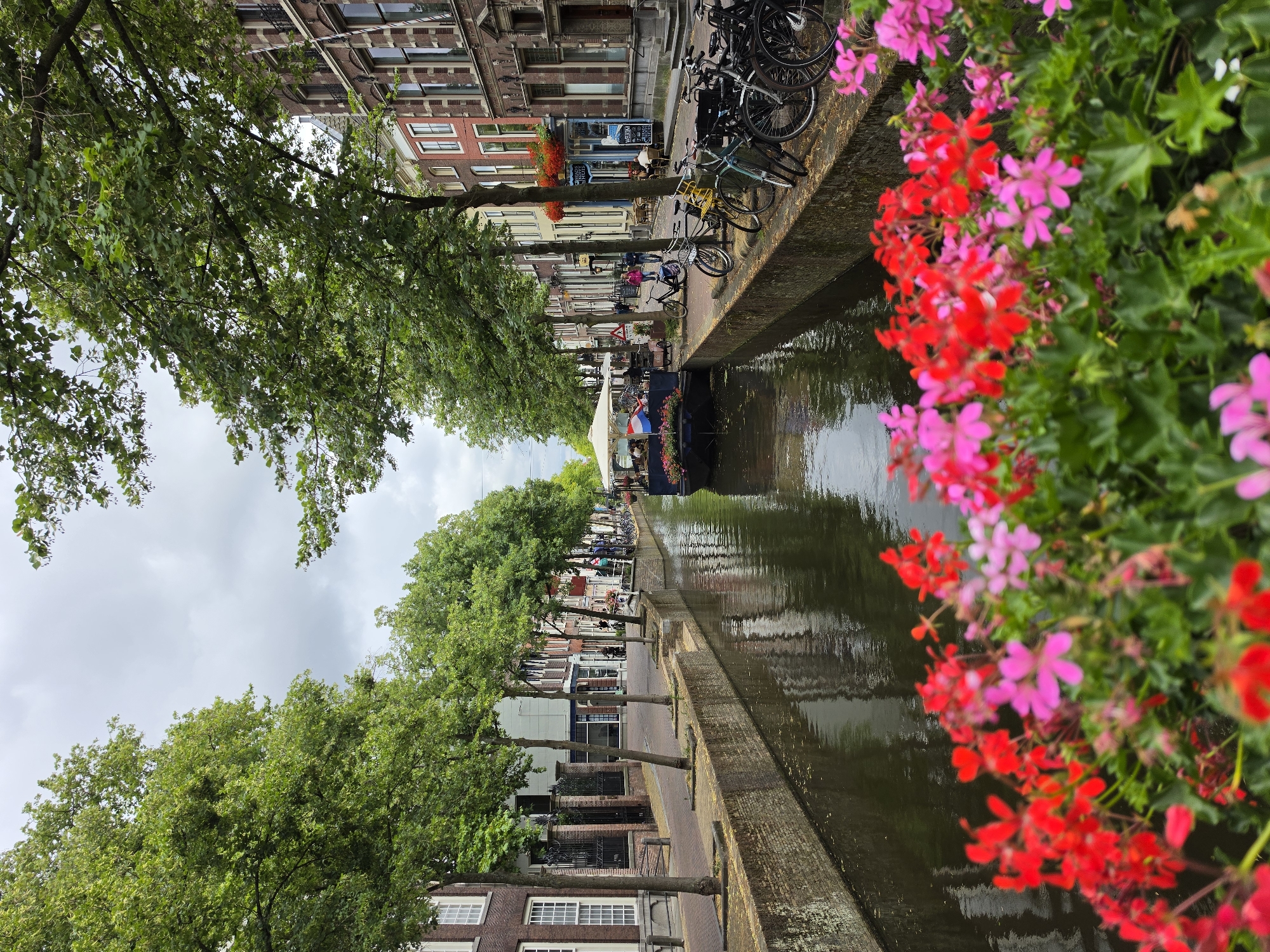 The image shows a picturesque canal scene in the city of Delft, Netherlands, captured from a slightly elevated perspective. In the foreground, a vibrant display of red and pink flowers spills into the frame, adding a splash of color and softness. Beyond the flowers, the dark, reflective water of the canal takes center stage, with its surface mirroring the overcast sky and the surrounding architecture.
Along the canal's edge, a brick wall forms the embankment. On the right side, a row of parked bicycles lines the walkway, indicating a common mode of transportation in the area. Further along this side, traditional Dutch buildings with red brick facades and multi-paned windows stand in a line, suggesting a commercial or residential street. Some buildings feature flower boxes with colorful blooms.
On the left side of the canal, another brick embankment leads to a paved walkway lined with trees. These trees, with their lush green foliage, create a canopy over the walkway. Beyond the trees, more buildings are visible, some with white facades and windows, others with darker brickwork. A dark metal fence separates some of these properties from the walkway.
In the mid-ground, a dark-colored boat with a white canopy is moored in the canal, appearing to be a tour boat or a floating cafe. Several people are visible on and around the boat, suggesting activity and tourism. More people are seen walking along the canal paths. The overall atmosphere is calm and idyllic, characteristic of Dutch canal cities. The sky is cloudy, hinting at a mild, perhaps humid day. The scene is a quintessential representation of urban canal life in the Netherlands.