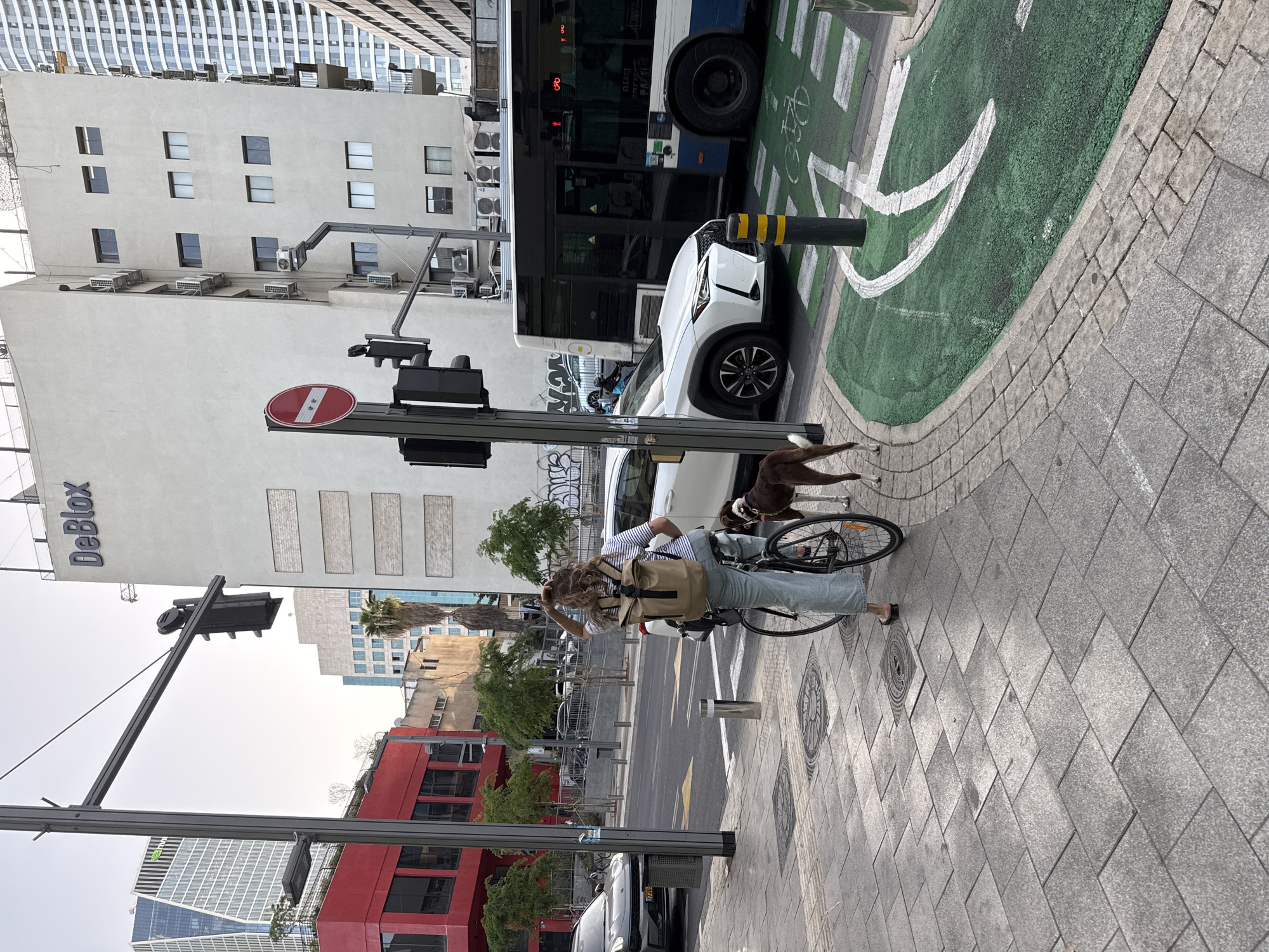 The image shows an outdoor scene in Tel Aviv, Israel. A person is standing next to a bicycle on a sidewalk. A brown and white dog is near the bicycle. A white car and a blue bus are partially visible in the background, parked on a green bike lane. A traffic light and a "Do Not Enter" sign are positioned near the sidewalk. The buildings in the background vary in height and color, with a white building with the text "DeBlox" and a red building visible. The sidewalk is paved with gray stone.