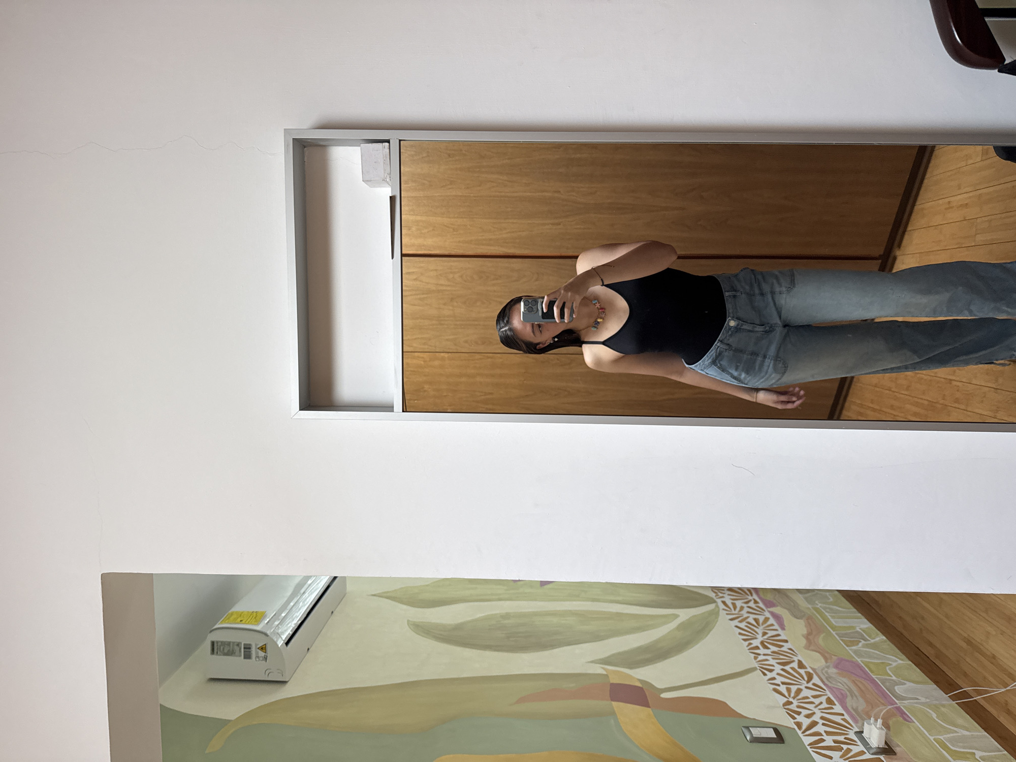 A full-length mirror reflects a woman taking a picture of herself. She is wearing a black tank top and jeans. The mirror is mounted on a wall in a room. The wall is white. Below the mirror is a mural of green and brown leaves. A white air conditioner is mounted on the wall next to the mirror. The flooring appears to be wood. The location is San Bernardino Tlaxcalancingo, Mexico.