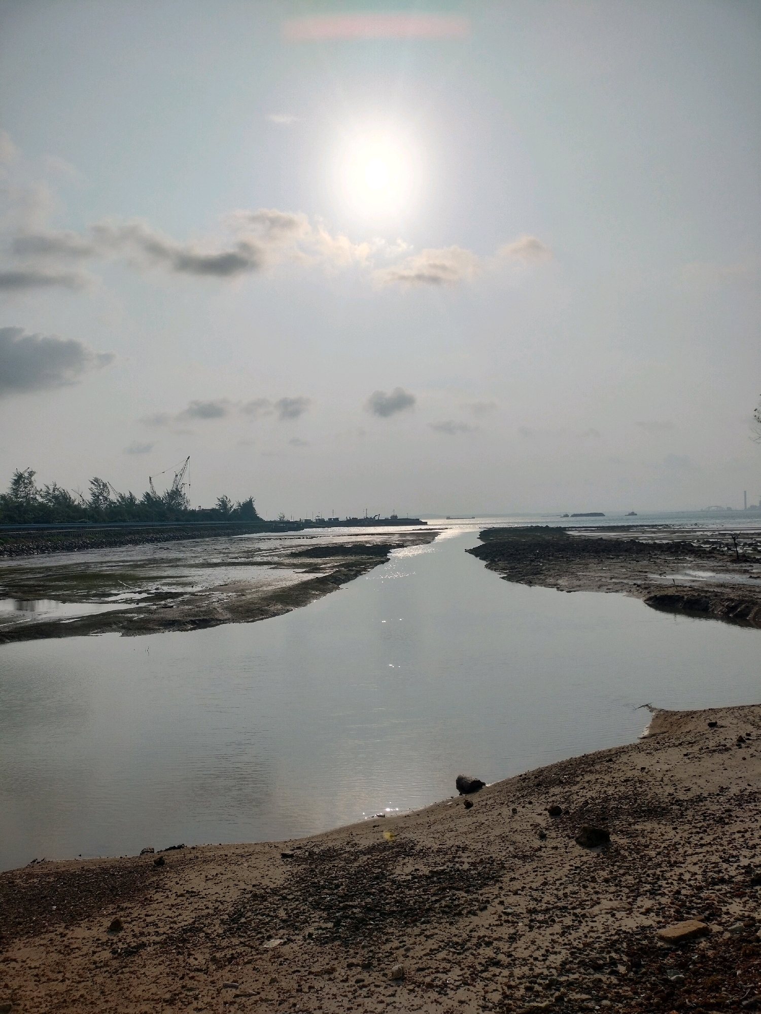 The image depicts a tidal estuary or mudflat during low tide, likely in Batam, Indonesia, given its industrial and coastal characteristics. The scene is dominated by water reflecting the sky and a hazy, bright sun positioned in the upper center of the frame. Clouds are scattered across the sky, with a notable lens flare from the sun.
On the left side of the estuary, a line of trees, some appearing wind-battered, runs along a raised embankment. Behind the trees, industrial elements are visible, including several large construction cranes, suggesting proximity to a port or industrial zone. Further in the distance, along the horizon, other structures and ships can be observed.
The foreground and banks of the estuary are composed of exposed mudflats and sandy areas, dotted with small rocks and debris. The water itself is calm and reflects the sky and surrounding environment. The overall impression is one of a coastal industrial area at low tide, bathed in the soft light of a partly cloudy day. There are no visible people or animals in the image.
