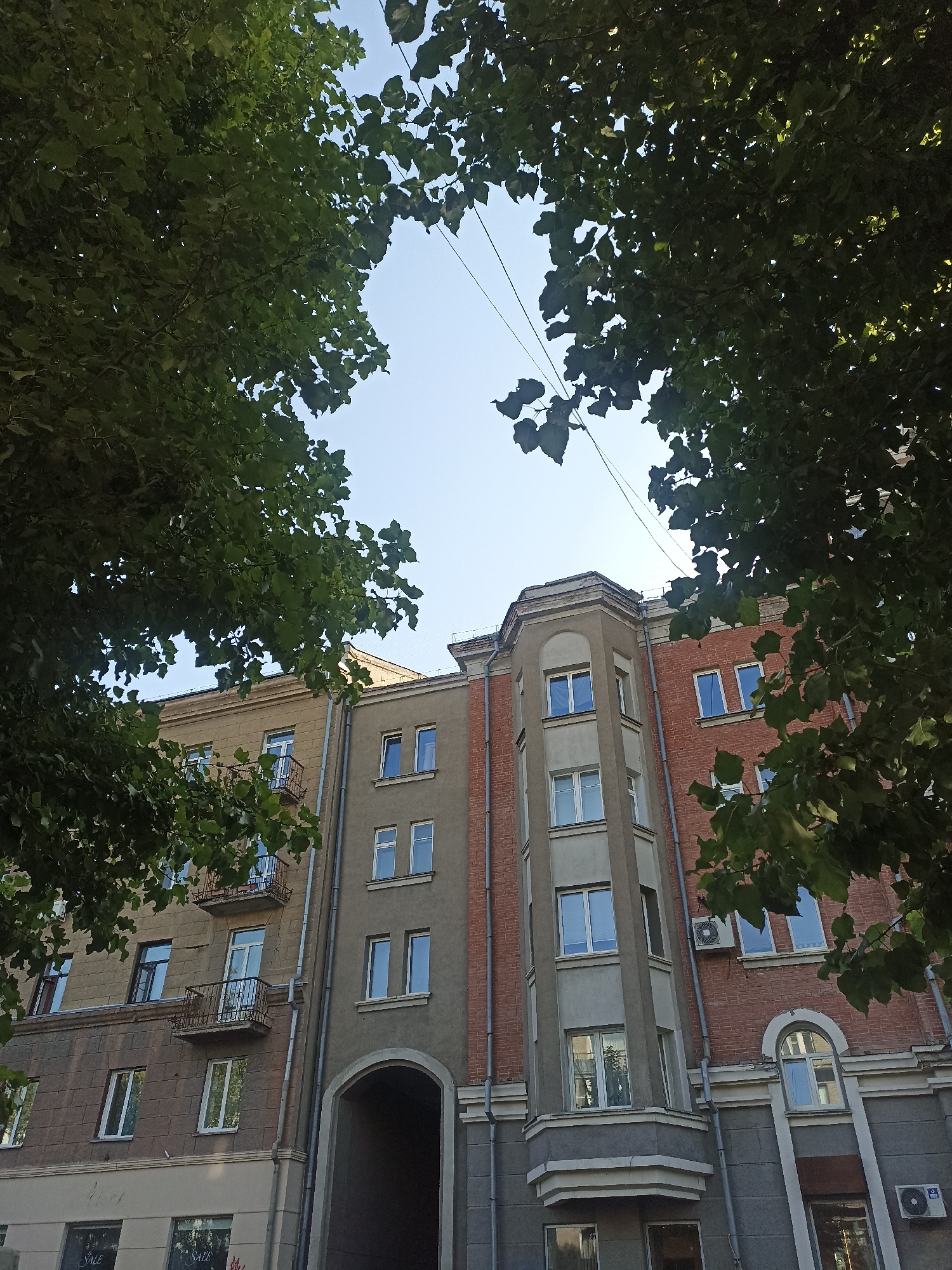 A low-angle exterior shot captures the upper floors of a multi-story apartment building in Novosibirsk, Russia. The building's facade is a mixture of light brown stone on the left, transitioning to a gray concrete section with a large archway, and finally a reddish-brown brick section on the right. Several windows are visible on each section, some with decorative balconies. The top of the building features decorative cornices and trim. The foreground is dominated by the dark green foliage of large trees, partially obscuring the building and framing the sky above. The sky is a clear, pale blue. Power lines are visible stretching across the sky. The scene appears to be a residential area on a sunny day.