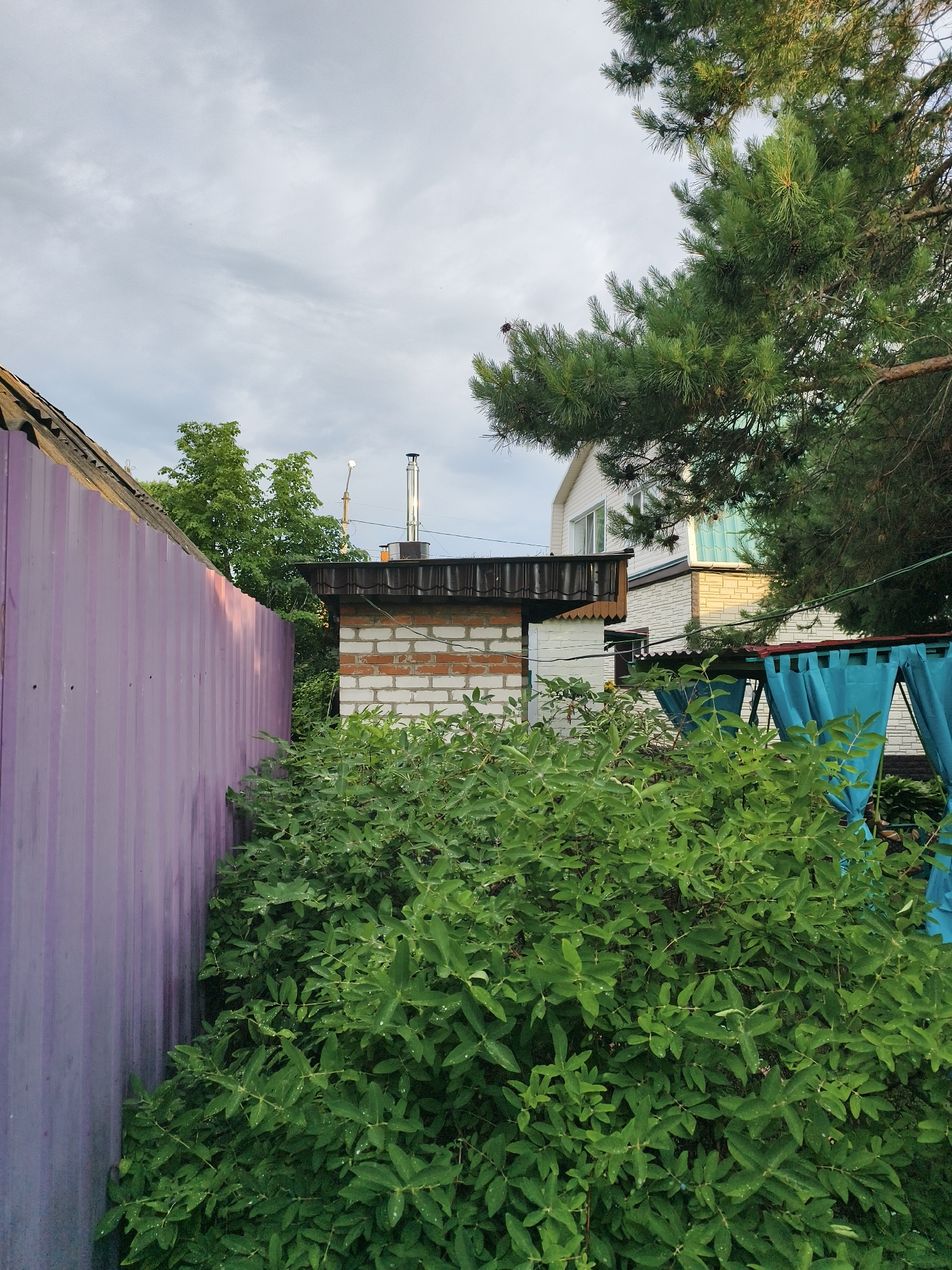 The image depicts an outdoor scene in a residential area. A tall, purple corrugated metal fence dominates the left side of the frame. To the right of the fence, a small building constructed of white and red bricks is visible. This building has a dark-colored roof with a metal chimney extending upwards. Overgrown green foliage is abundant in the foreground, partially obscuring the brick building. In the background, a two-story house with white siding and light-colored brick accents is partially visible, partially hidden by a large pine tree with dark green needles. Blue fabric curtains are draped over a structure to the right, suggesting an outdoor seating or recreational area. The sky is overcast with a mix of light and dark gray clouds.