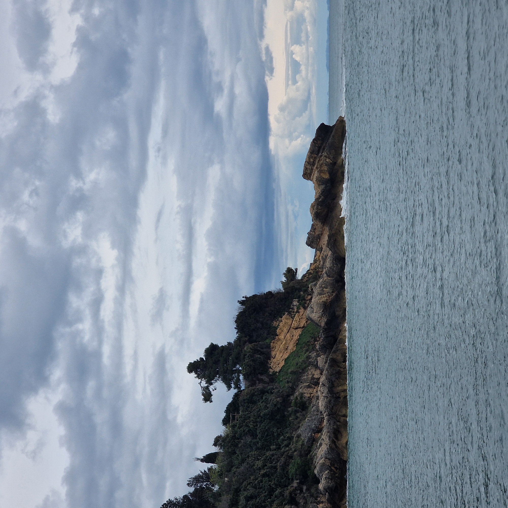 The image depicts a coastal scene in Ulcinj - Ulqin, Montenegro, under an overcast sky. The foreground features a expanse of dark blue-green water with a textured, rippling surface, indicating slight wave activity. In the midground, a prominent rocky headland extends from the left, covered in dense, dark green vegetation, primarily evergreen trees and shrubs. The cliff face exhibits distinct layers of light brown and gray rock formations, with some exposed rock faces showing horizontal striations. Towards the top of the vegetated cliff, a small, dark, open-sided structure with a light-colored roof, possibly a wooden shelter or observation point, is visible. Several pine trees with gnarled branches are present on the cliff, some leaning out over the water. The coastline continues to the right with smaller, dark brown rock formations jutting out into the water, where white foam indicates waves breaking against them. The background shows the sea extending to a distant horizon line, beyond which low-lying land or islands are faintly visible under a lighter band of sky. The sky above is largely covered by a dense, uniform layer of grey, textured clouds, with some brighter patches suggesting breaks in the cloud cover towards the right. No individuals or active vessels are present in the frame.