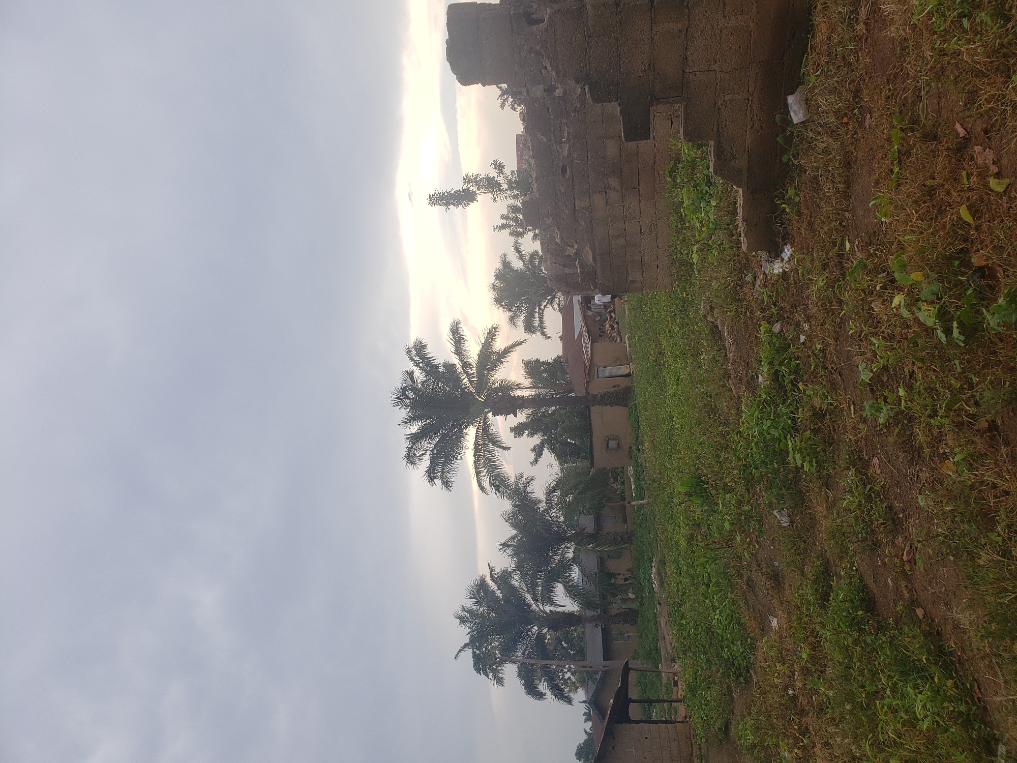The image depicts an outdoor scene with a large stone structure on the right side, possibly a wall or building ruins. In front of the structure, there are several palm trees and some small buildings with tin roofs. The ground is covered with grass and dirt. The sky is overcast and appears to be either early morning or late afternoon, indicated by the soft, diffused light. The scene suggests a rural or semi-rural setting.
There are a few people visible near one of the buildings, though they are small in the frame and not the primary focus. One person appears to be standing and another might be walking. The overall impression is one of a quiet, possibly somewhat undeveloped area. The stone structure has a weathered appearance, hinting at age or disrepair. The presence of palm trees further reinforces a tropical or subtropical climate. The weather seems to be calm, with no strong indications of wind or rain. No text is visible in the image.