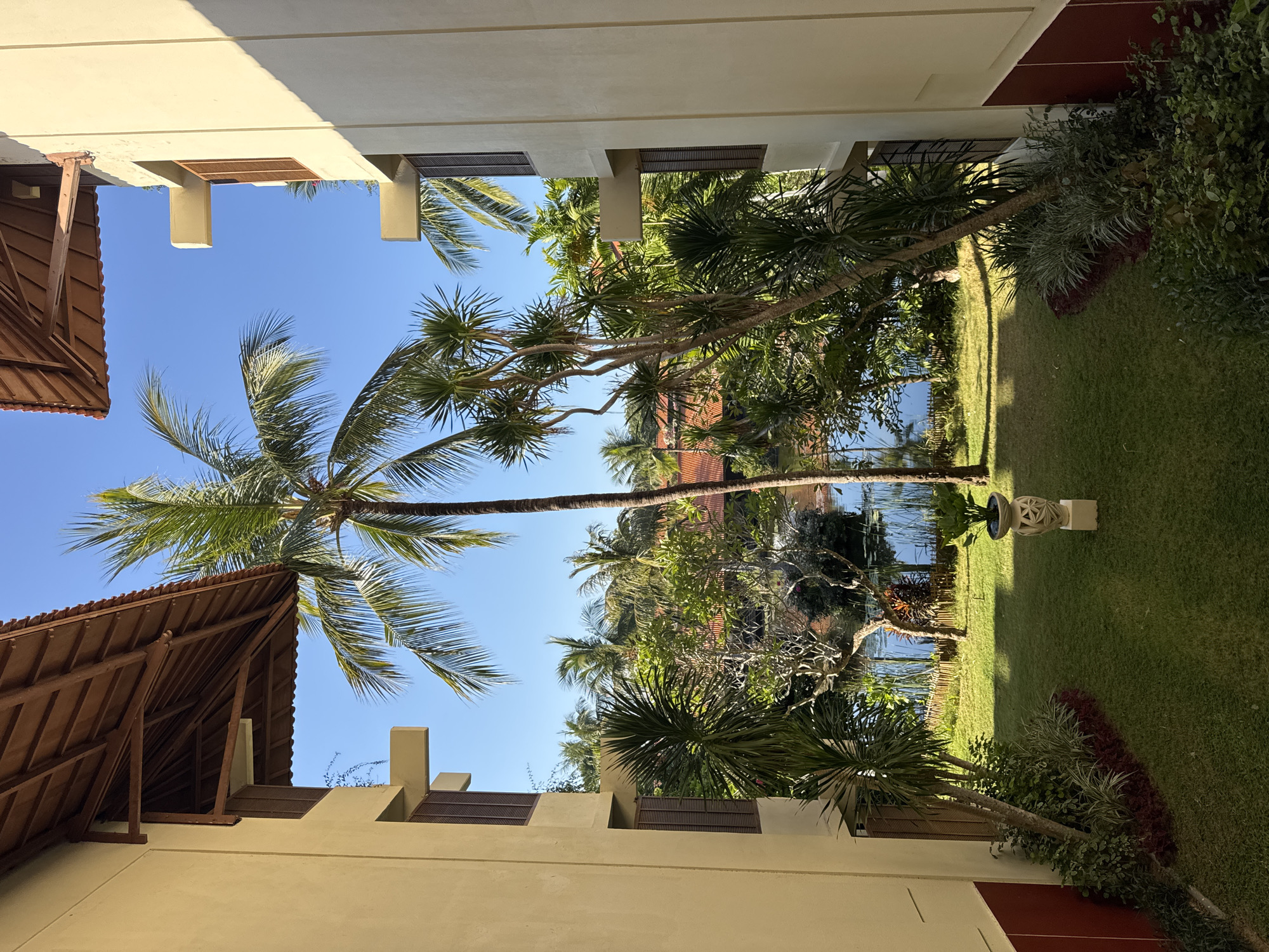 The image displays a sunlit outdoor scene, likely within a resort complex in Kuta Selatan, Indonesia, viewed from an architectural passageway. Two multi-story buildings with light cream-colored stucco walls frame the central perspective. Both structures feature steeply pitched roofs with reddish-brown tiles and exposed wooden rafters, indicative of traditional Balinese architecture. Multiple rectangular windows with dark brown louvered shutters are visible on the inner facades of both buildings, some with small, plain, rectangular overhangs extending from the wall. A contrasting reddish-brown band runs along the lower portion of the buildings' walls.
The central vista opens to a lush tropical landscape under a clear, bright azure sky. A tall, slender palm tree, likely a coconut palm, stands prominently in the mid-ground, its vibrant green fronds brightly illuminated by direct sunlight, casting a long shadow across the foreground lawn. The foreground features a meticulously maintained green lawn. Along the base of the left building, a planted bed contains varied foliage, including variegated green-and-white leafy plants and reddish-purple groundcover. On the right side of the lawn, a decorative white pedestal with a geometric design supports a gray pot holding a vibrant green leafy plant.
Beyond the lawn, dense tropical vegetation thrives, comprising various palm species, broadleaf trees, and shrubs, some with visible pale, gnarled trunks and branches. In the background, a calm, dark blue body of water, likely a pond or lake, reflects the surrounding trees and sky. The far bank features additional greenery and glimpses of reddish-brown tiled roofs belonging to other structures. Strong shadows are cast throughout the scene, indicating intense sunlight and a clear day. No individuals or animals are visible within the frame.