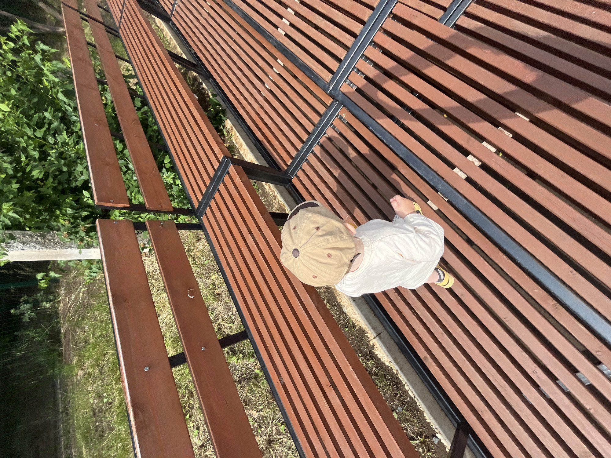 In Chaikovsky, Russia, a young child wearing a light-colored shirt and a beige cap is standing on a tiered wooden bench in an outdoor setting. The bench is constructed with wooden slats and black metal supports. The background consists of green foliage and grass, suggesting a park or recreational area. The sunlight casts shadows on the bench, indicating it is daytime.