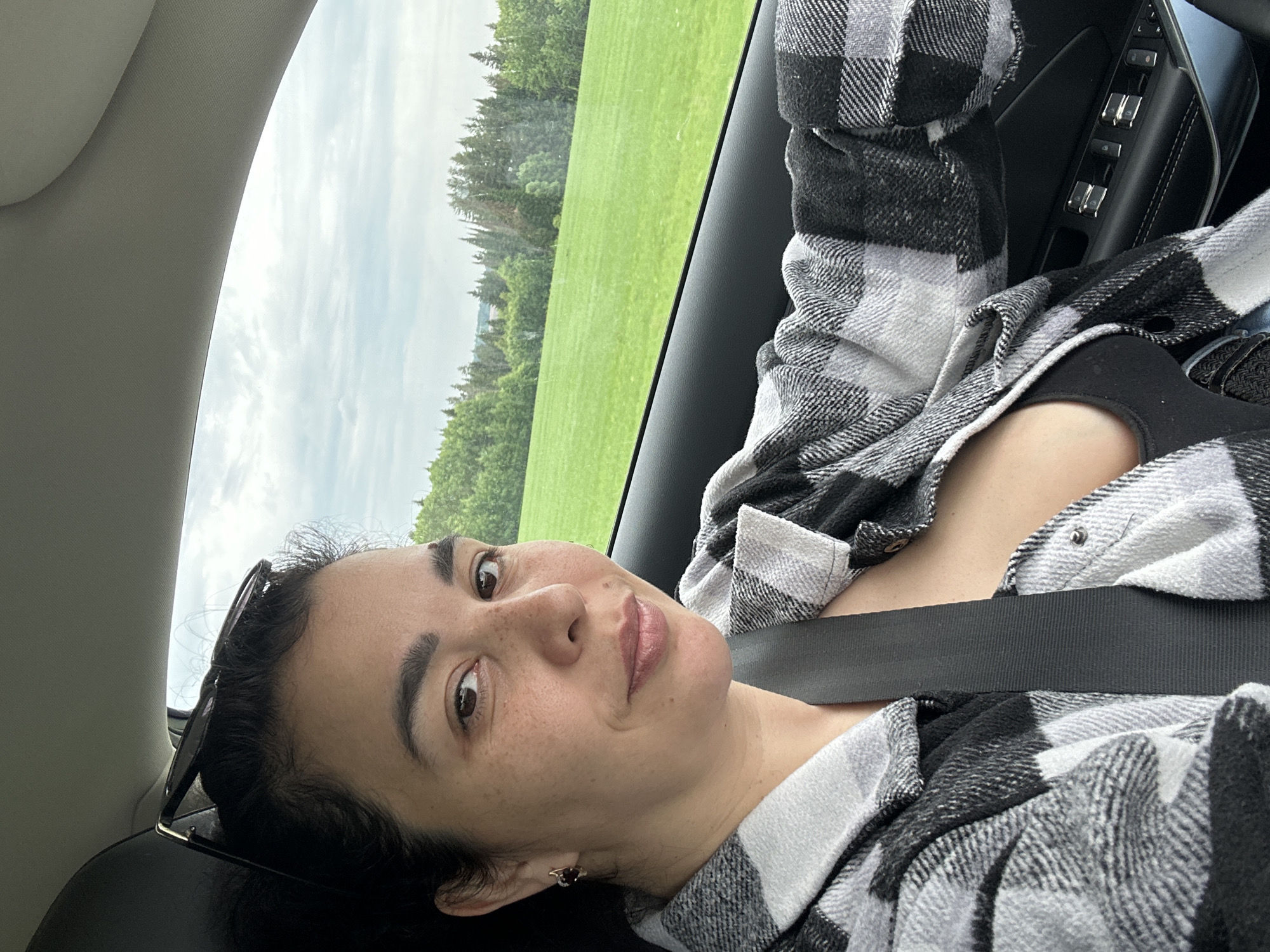 A woman is depicted sitting in the passenger seat of a car, looking directly at the viewer with a neutral to slightly contemplative expression. Her dark hair is pulled back, and a pair of sunglasses rests on top of her head. She has dark eyes, well-defined eyebrows, and visible freckles on her nose and cheeks. A small earring is visible in her right ear.
She is wearing a black and white plaid button-up shirt or jacket over a dark top, with a black seatbelt fastened across her chest.
Through the car's side window, a wide, lush green field is visible, extending towards a dense line of tall evergreen trees in the background. The sky above is overcast with soft white clouds, suggesting daytime. Portions of the car's interior, including the grey headliner and a black door panel with window and lock controls, frame the scene. There is no visible text in the image. The setting suggests a journey through a scenic, possibly rural or park-like, outdoor area.