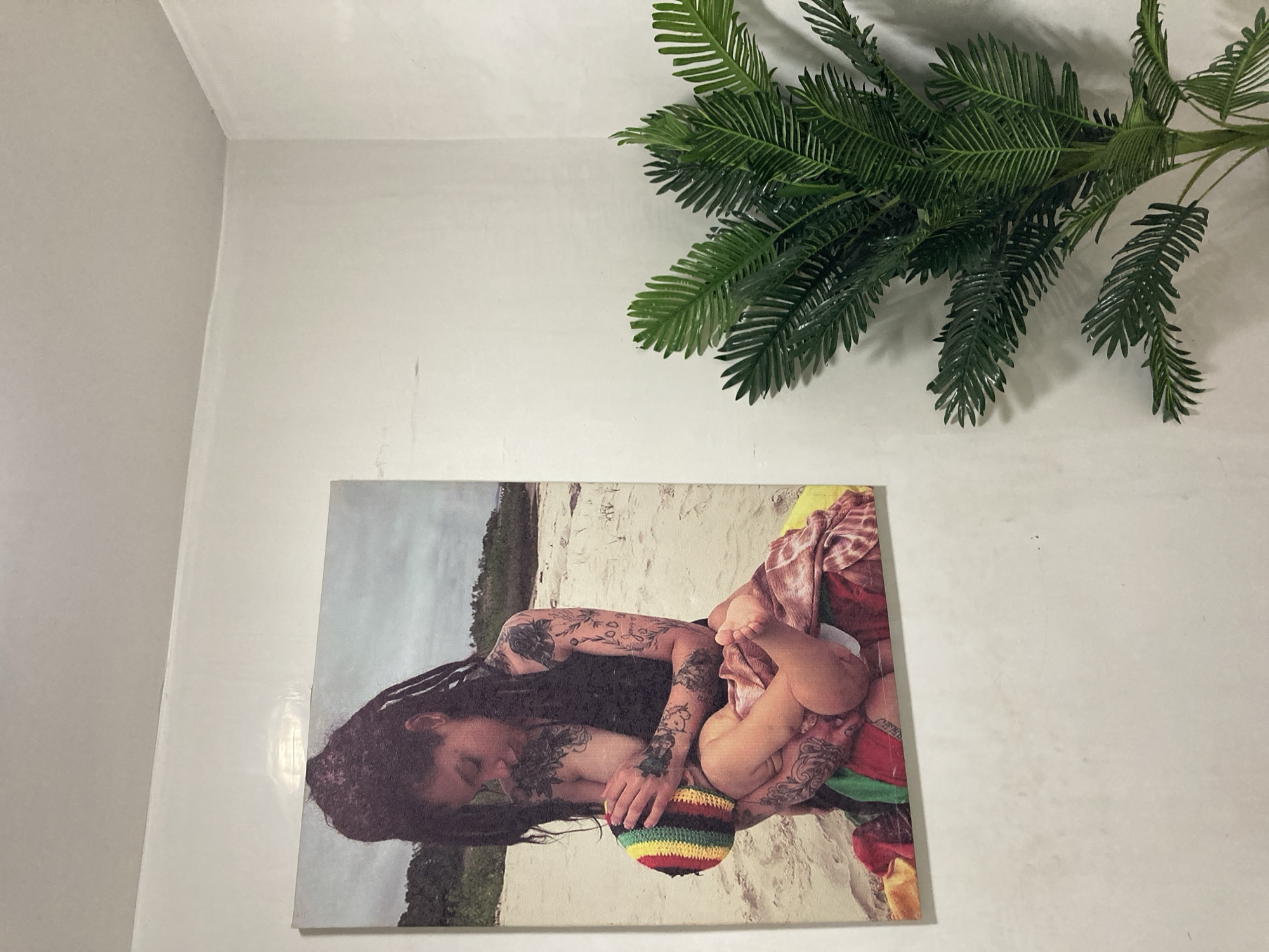 A framed canvas print depicting a woman breastfeeding a baby hangs on a white wall in what appears to be a room. The print shows the woman with dreadlocks and tattoos, sitting on a beach with the baby, who is wearing a colorful knitted hat. A plant with large green fronds is positioned to the right of the print, casting a shadow on the wall. The scene is well-lit, suggesting it is daytime. The print itself shows a sandy beach, a body of water, and some vegetation in the background. The wall texture appears slightly uneven. The location is stated to be in the city of Abuja, Nigeria.